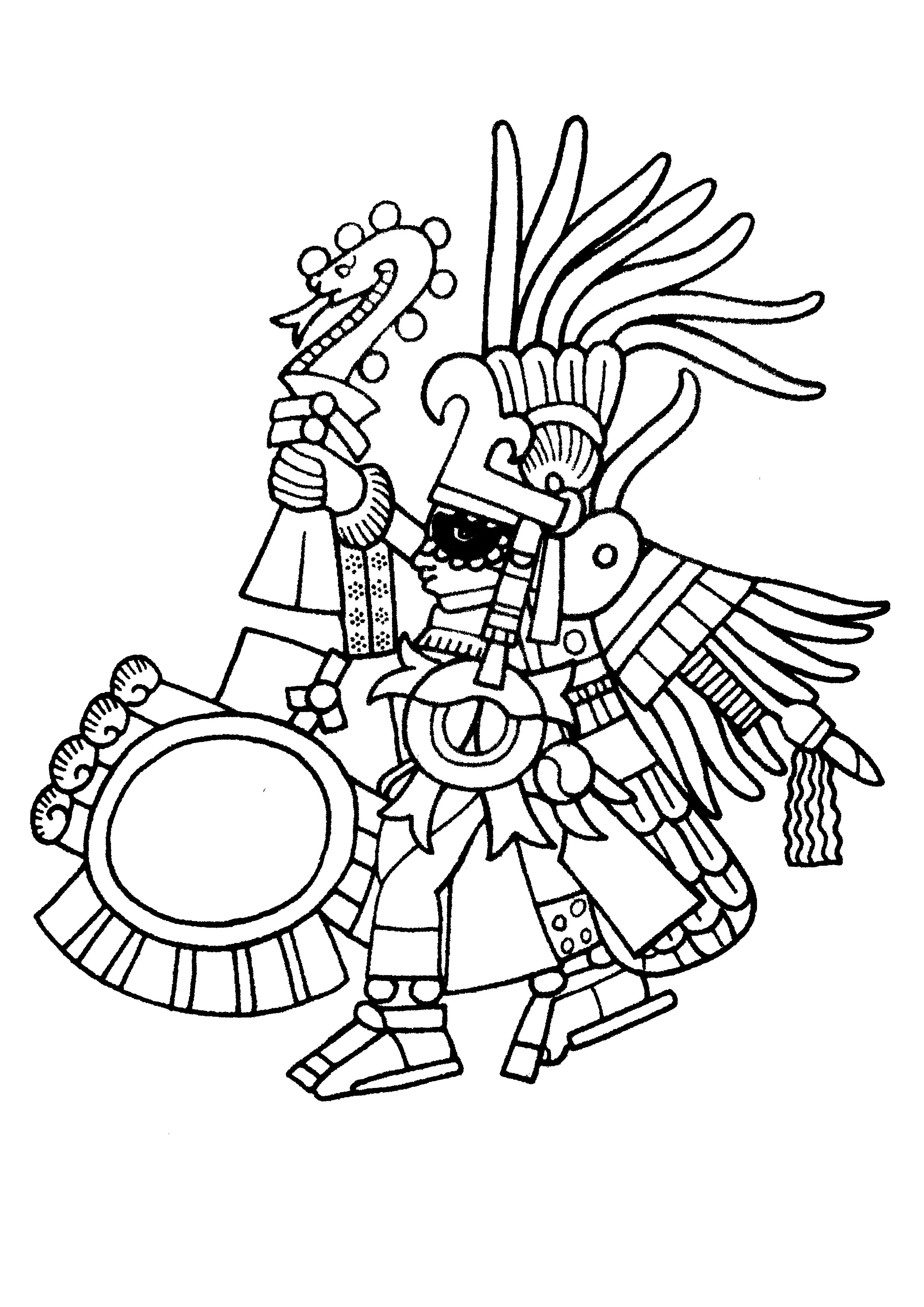 Huitzilopochtli, the Aztec supreme deity and God of War, brandishes aloft a Xiuhcoatl fire serpent staff