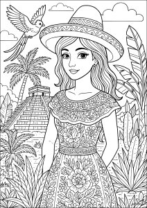 Mayan pyramid at Chichén Itzá and young Mexican girl