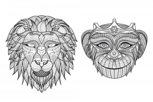 coloring-adult-heads-monkey-lion
