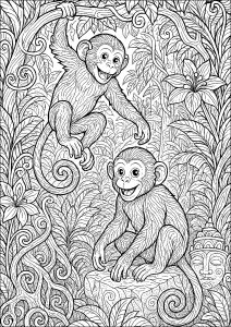 Two young monkeys in the jungle