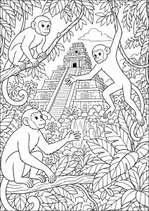 Monkeys in the jungle near an Aztec pyramid