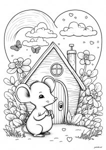 Coloring cute little mouse in front of her house isa