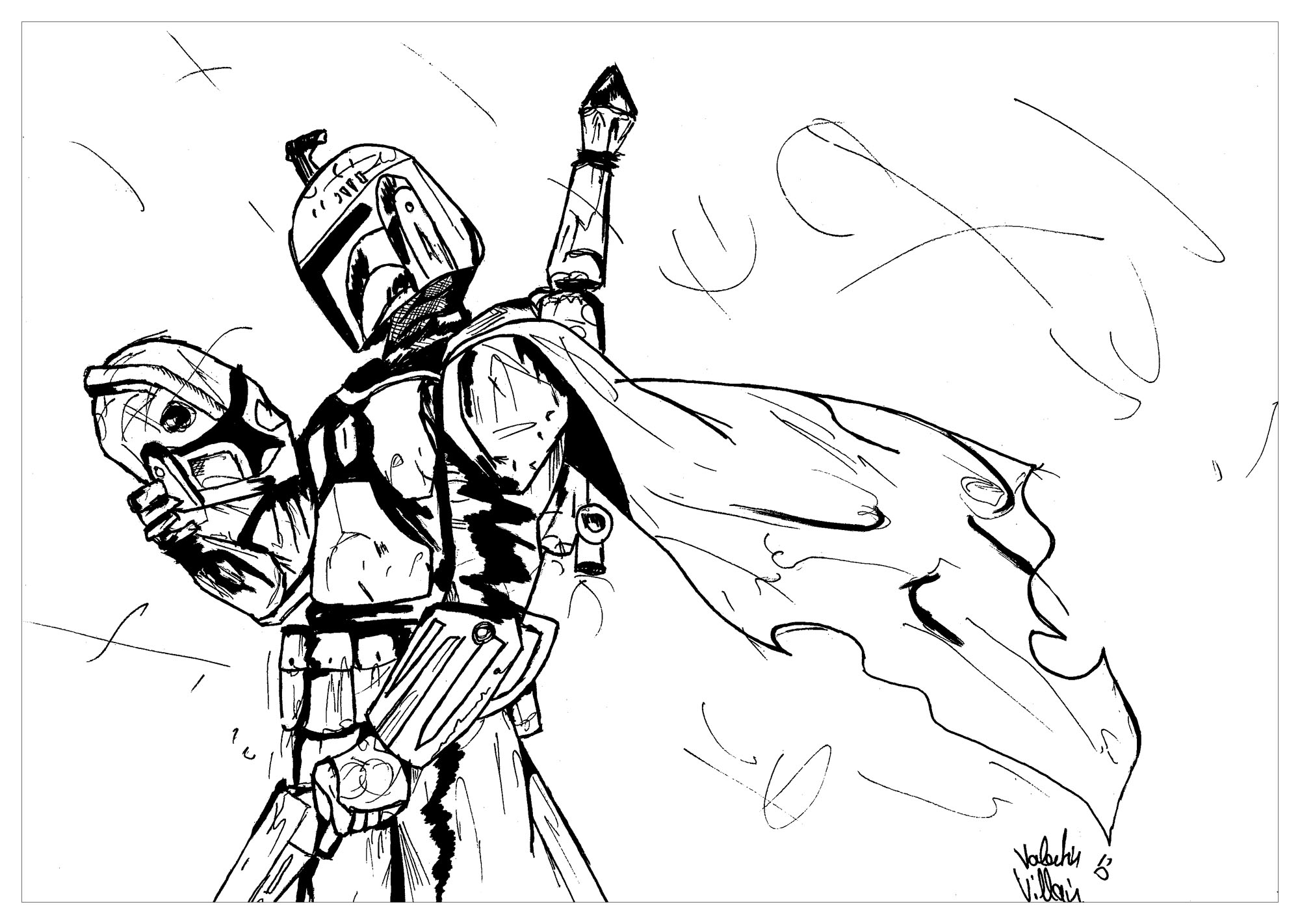Coloring page of Boba Fett the bounty hunter in the Star Wars Saga, Artist : Valentin