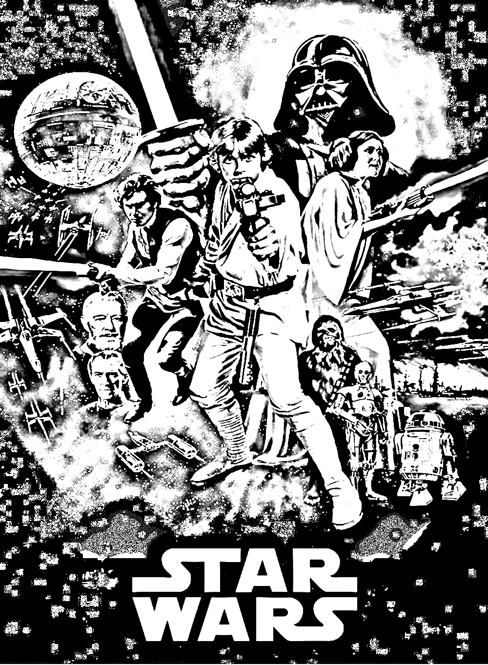 A coloring page made with the Star Wars episode IV movie poster. Star Wars: Episode IV - A New Hope (Star Wars) is a movie directed by George Lucas starring Mark Hamill, Harrison Ford. It was released in cinemas in 1977.