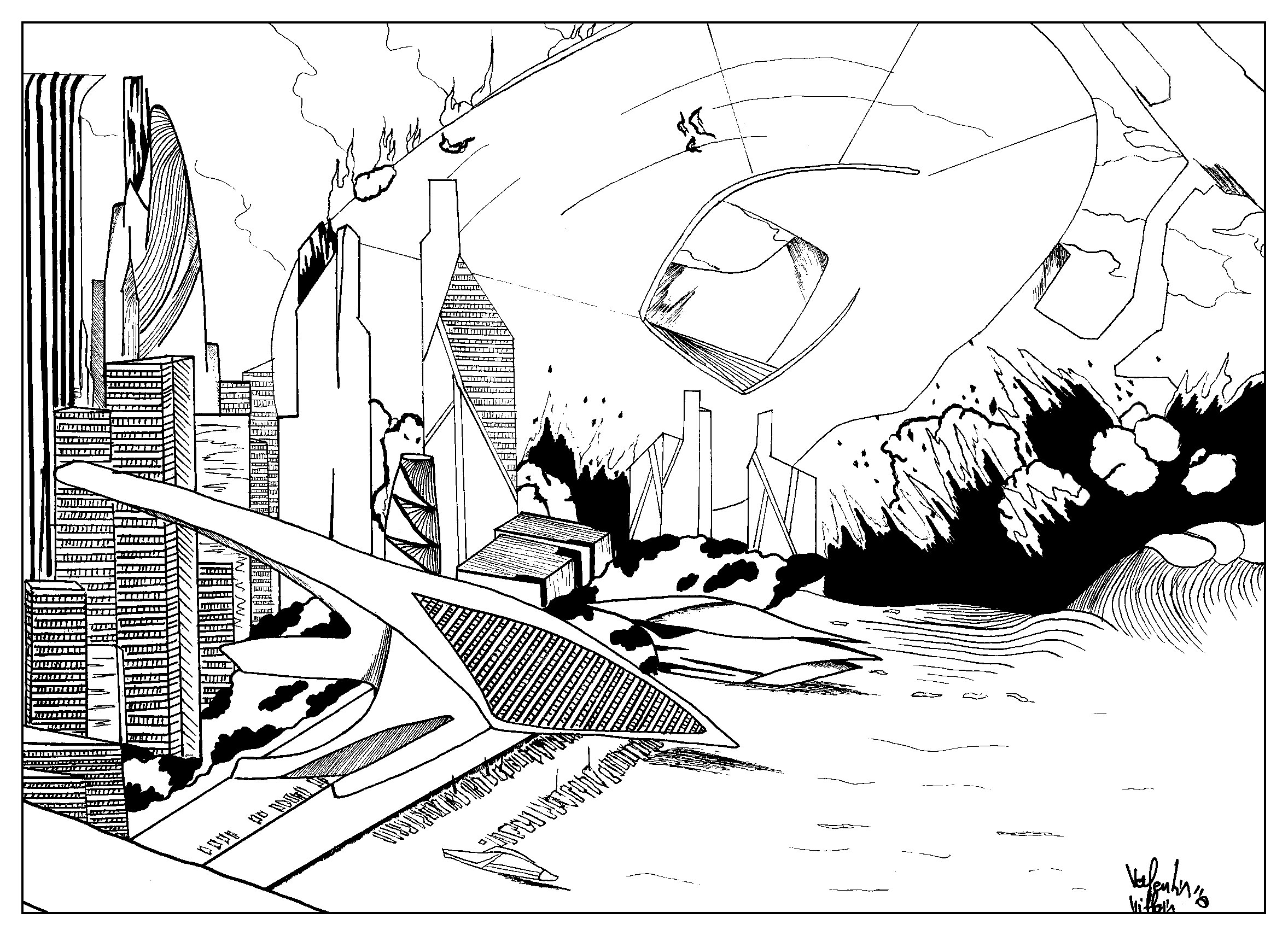 Coloring page inspired by the last scene of the movie Star-Trek into Darkness, Artist : Valentin