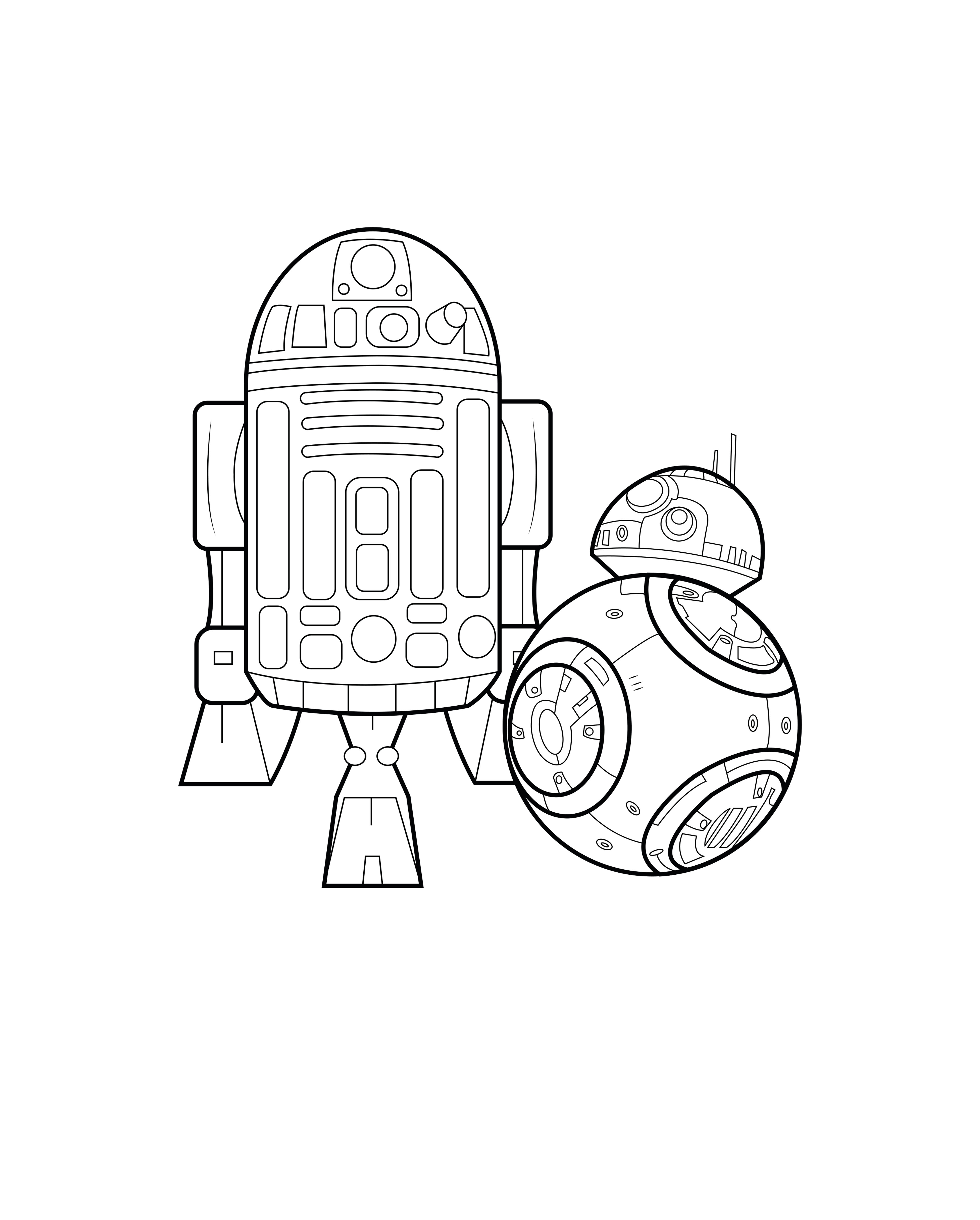 Coloring page inspired by Star Wars featuring BB8 and R2D2, Artist : Allan
