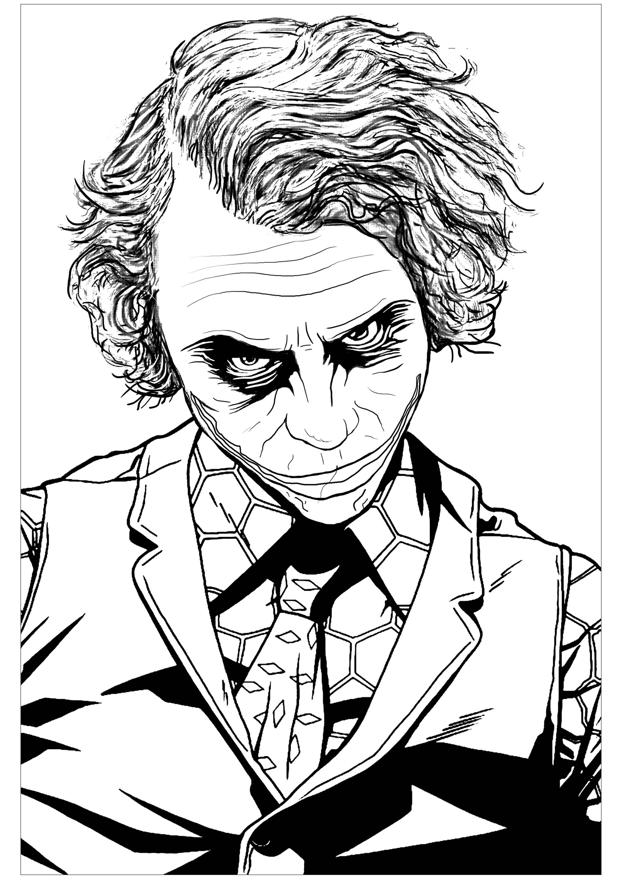 Coloring page inspired by the infamous Batman villain The Joker in 'The Dark Knight' (interpreted by Heath Ledger), Artist : Art. Isabelle