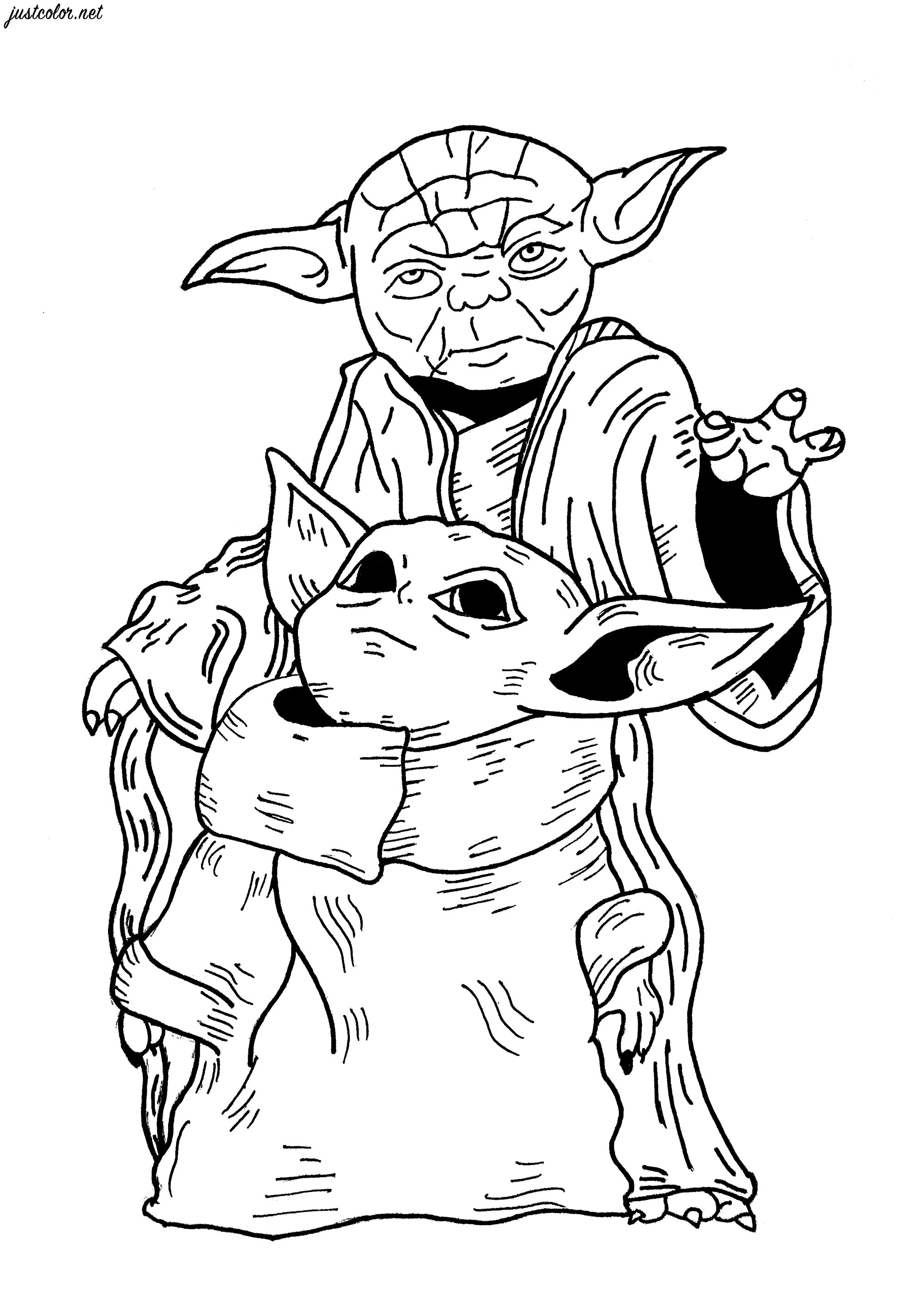 An original fan-art coloring page inspired by the characters of Grogu (Star Wars The Mandalorian series) and Master Yoda, Artist : Gamma