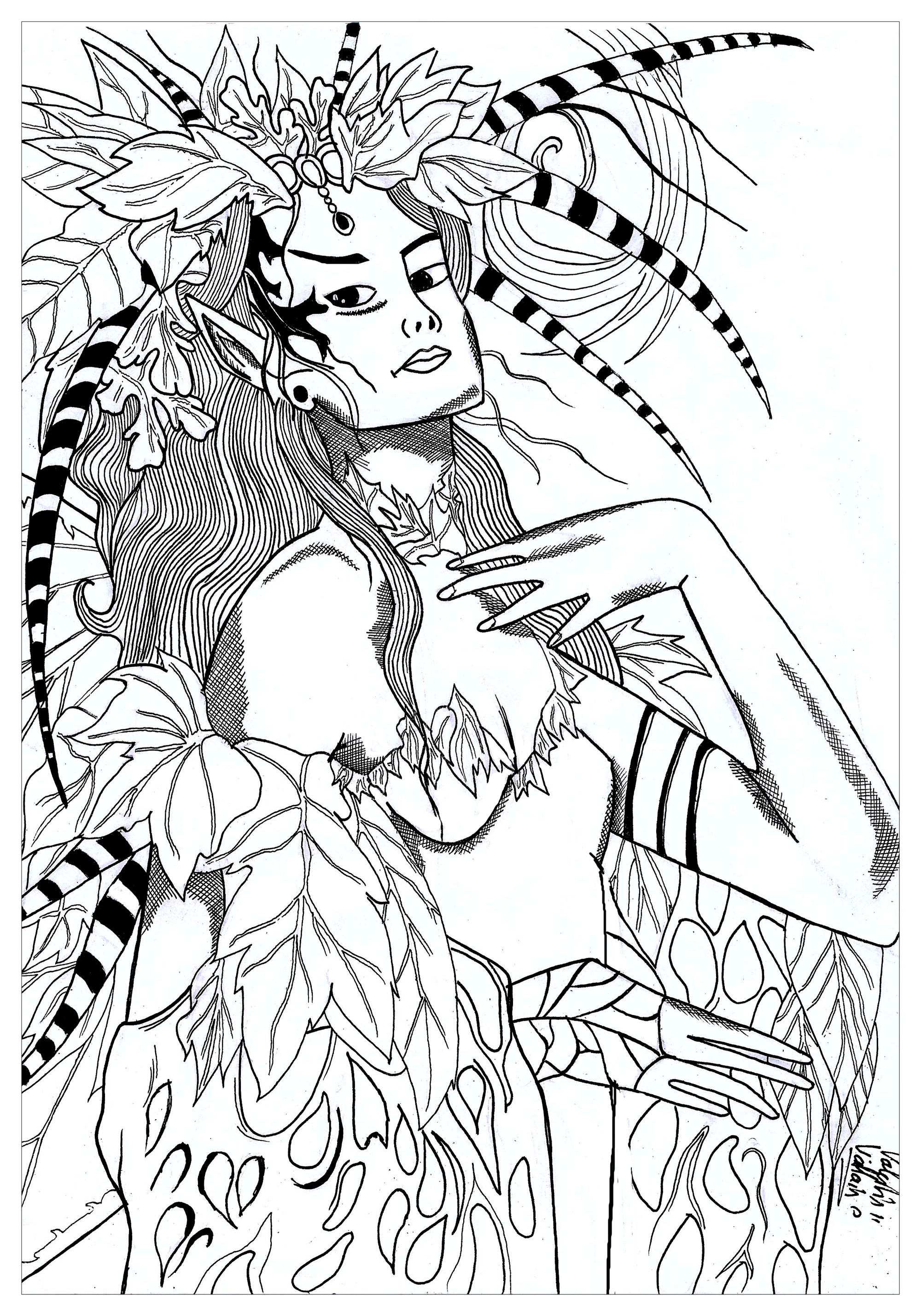 Coloring page of Mother Nature wearing her headdress, Artist : Valentin