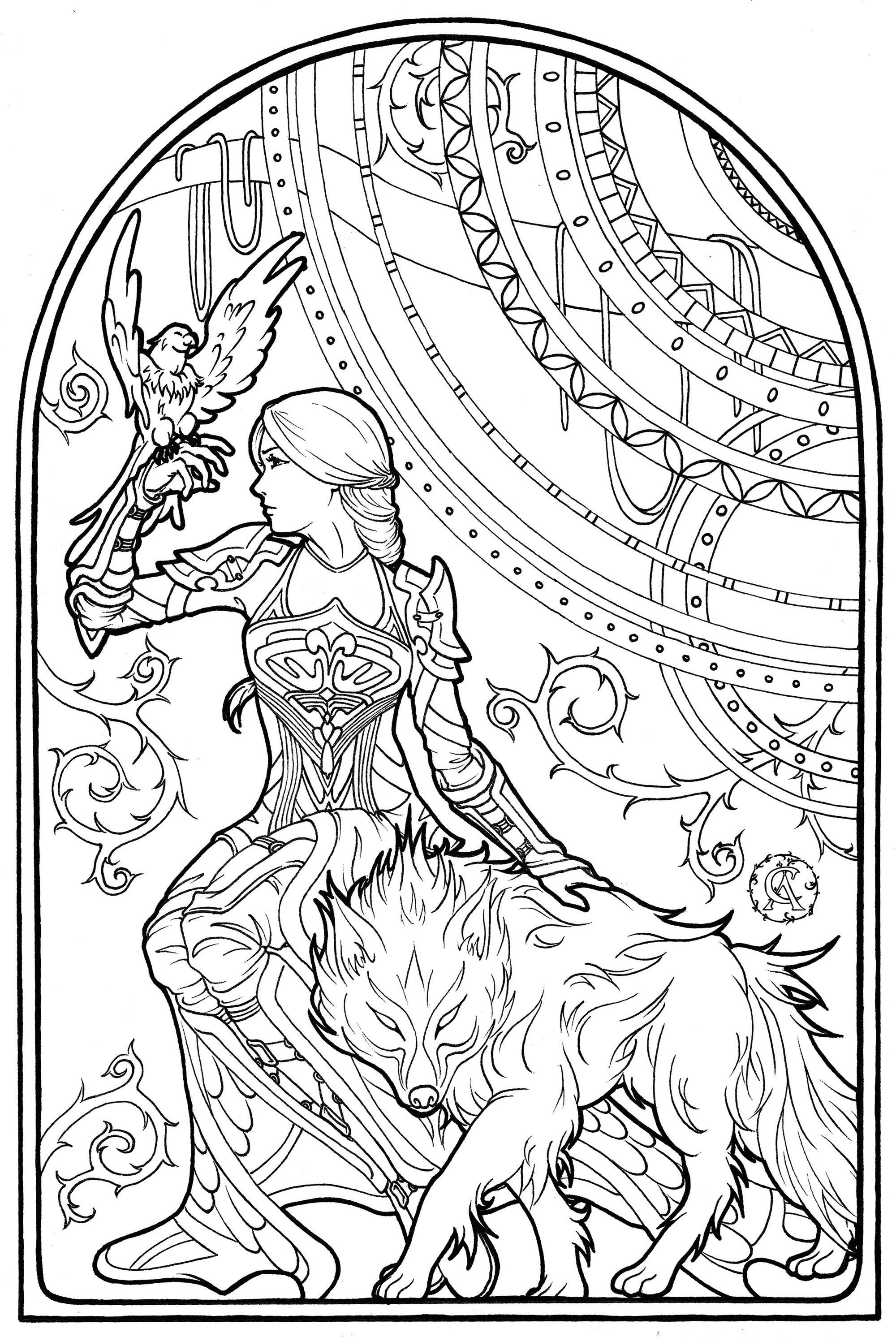 This intrepid woman is in the company of her hawk and her enchanted wolf. Drawn in Art Nouveau style, Artist : Asantassi