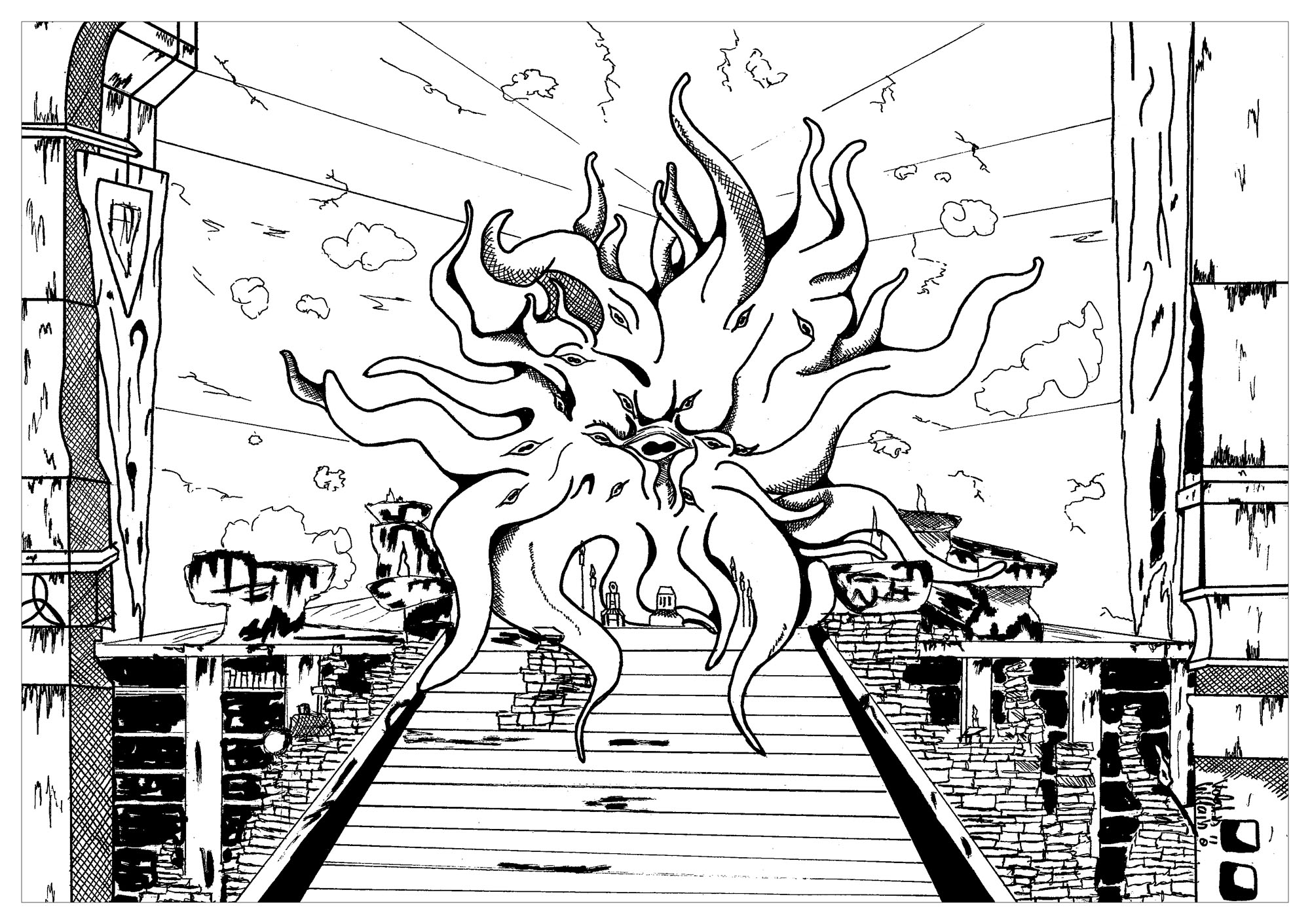 Coloring page inspired by video game Skyrim. Representation of Hermaeus Mora the Prince Daedra of the forests, the guardian of knowledge and memory, Artist : Valentin