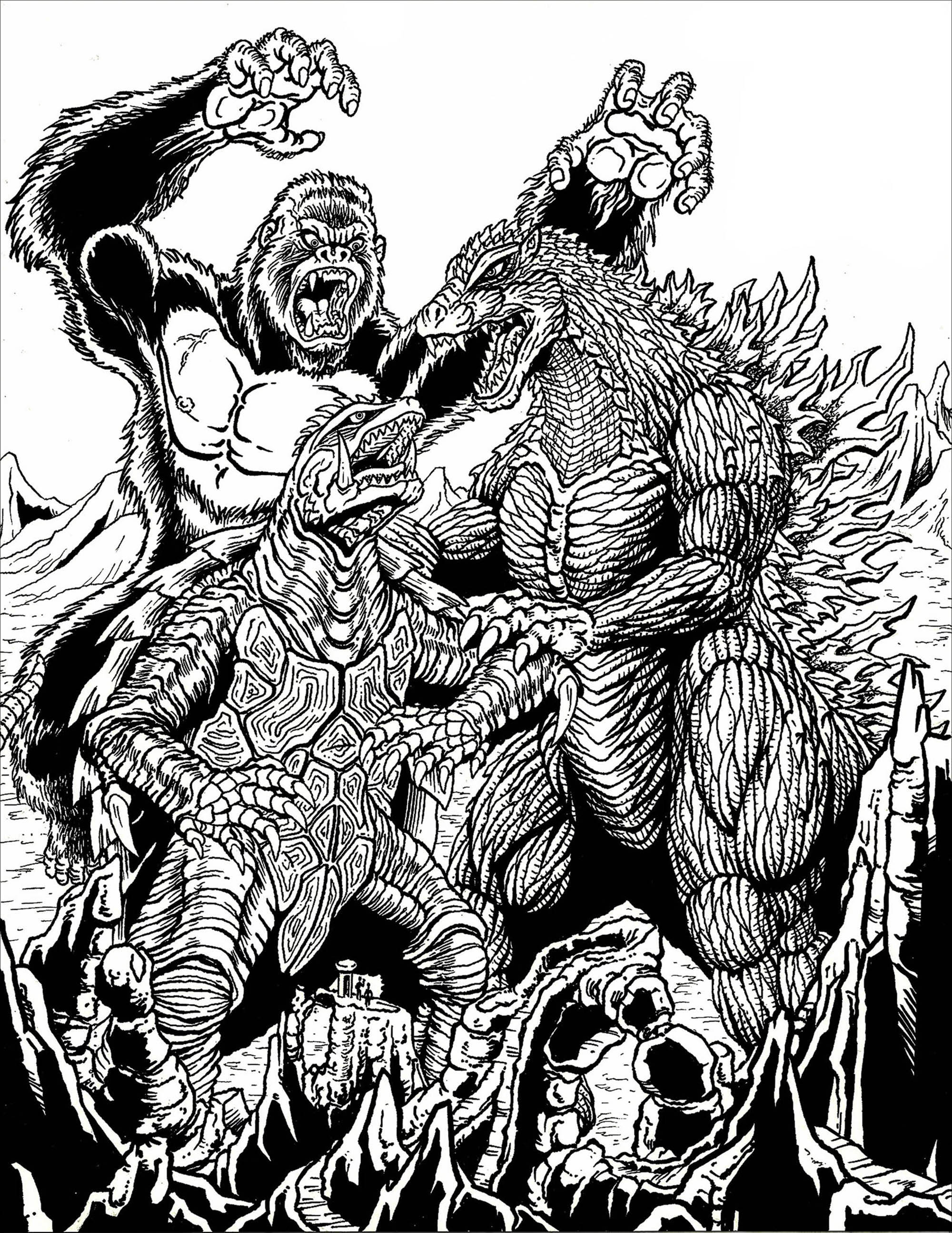 Kong vs Gamera vs Godzilla - Myths & legends Adult Coloring Pages
