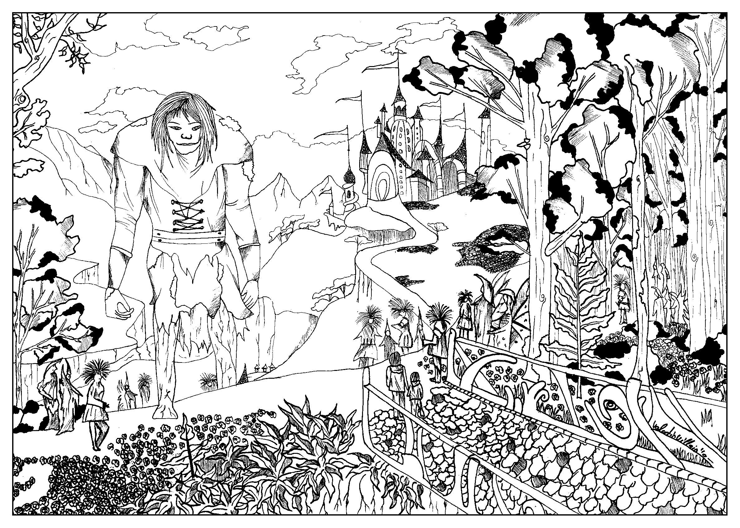 Coloring page inspired by the movie Bridge to Terabithia, with a giant, a castle and a mysterious forest, Artist : Valentin