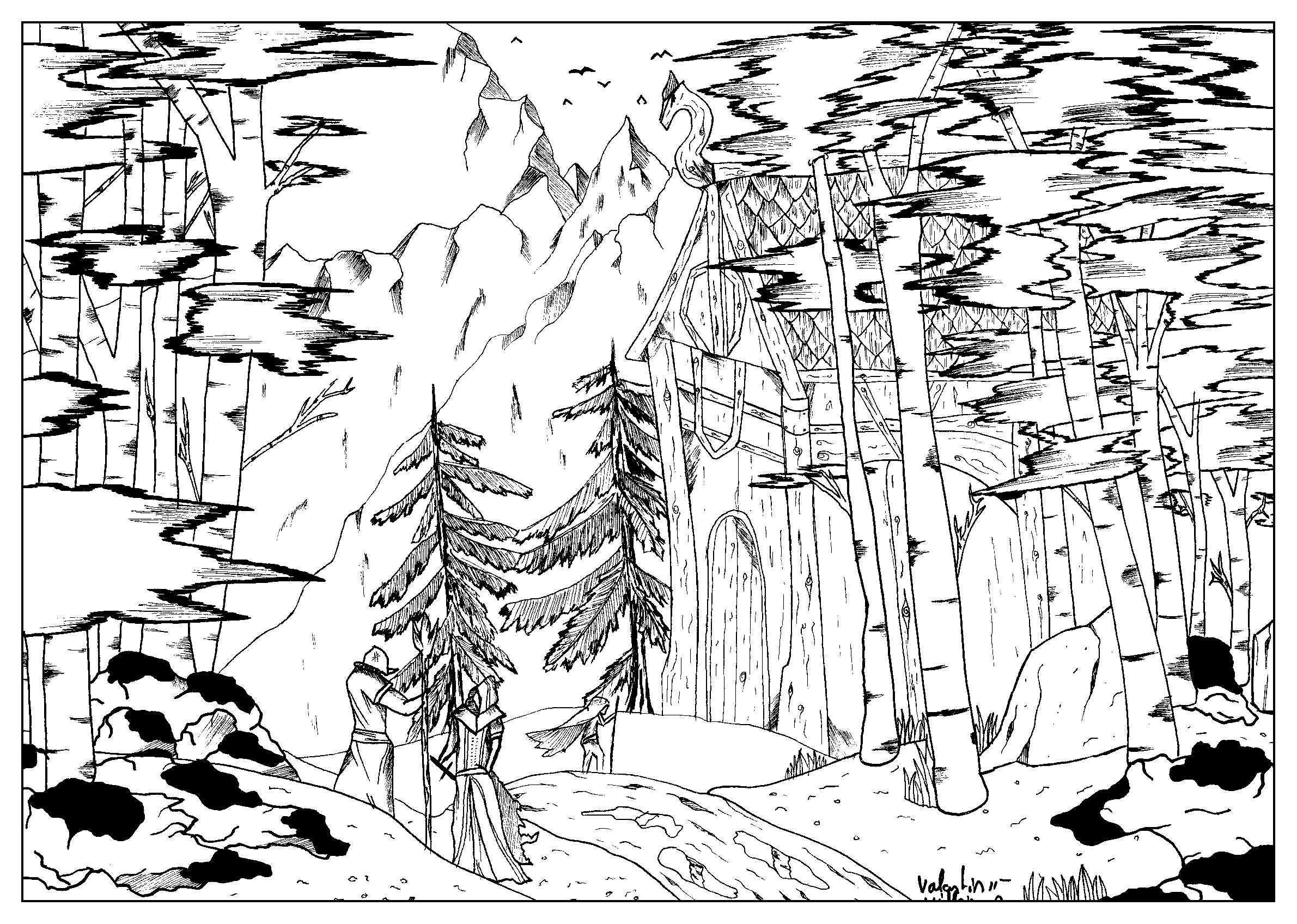 A coloring page with a viking house hidden in the forest, Artist : Valentin