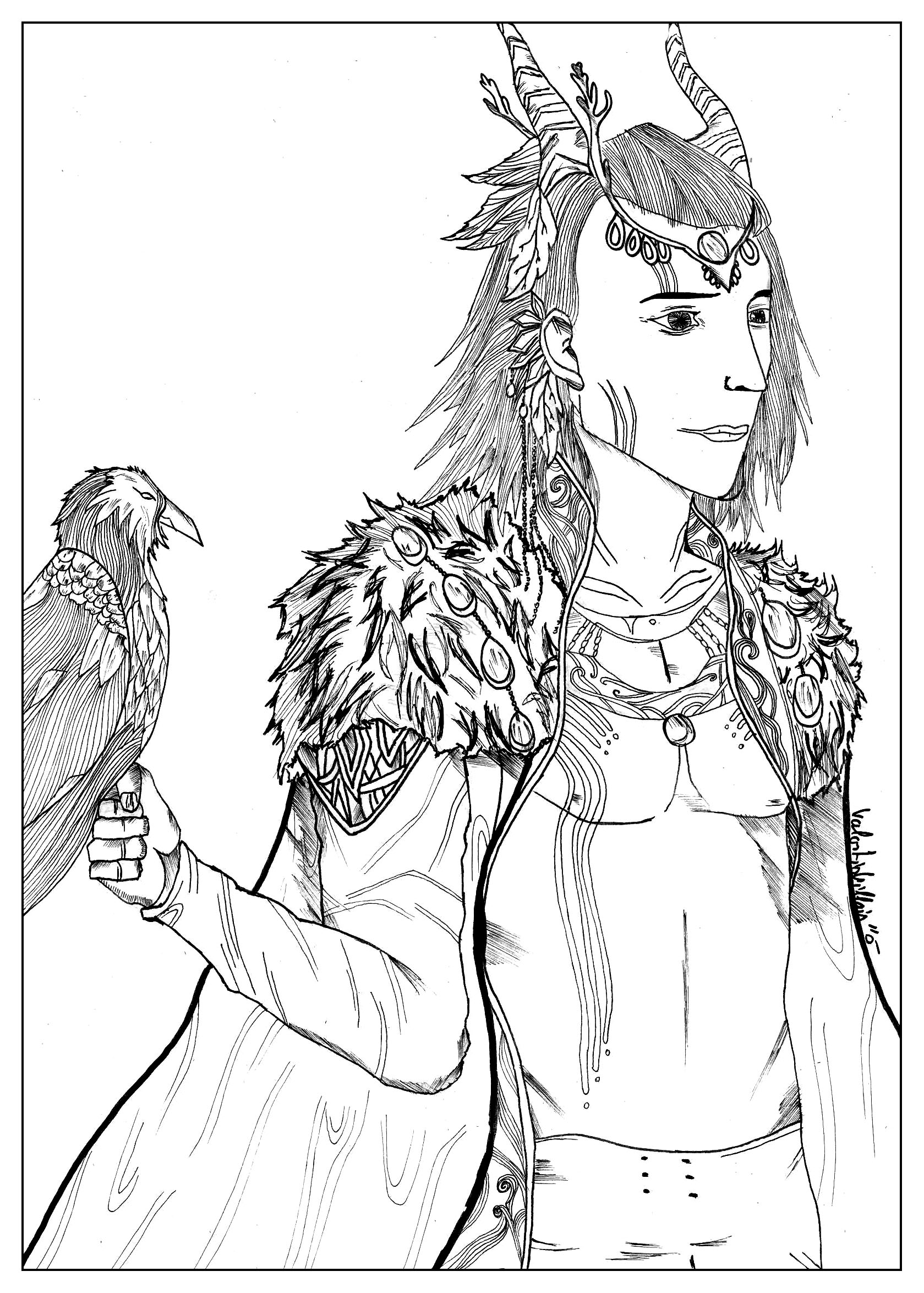 Coloring page of a Falconer elf, Artist : Valentin