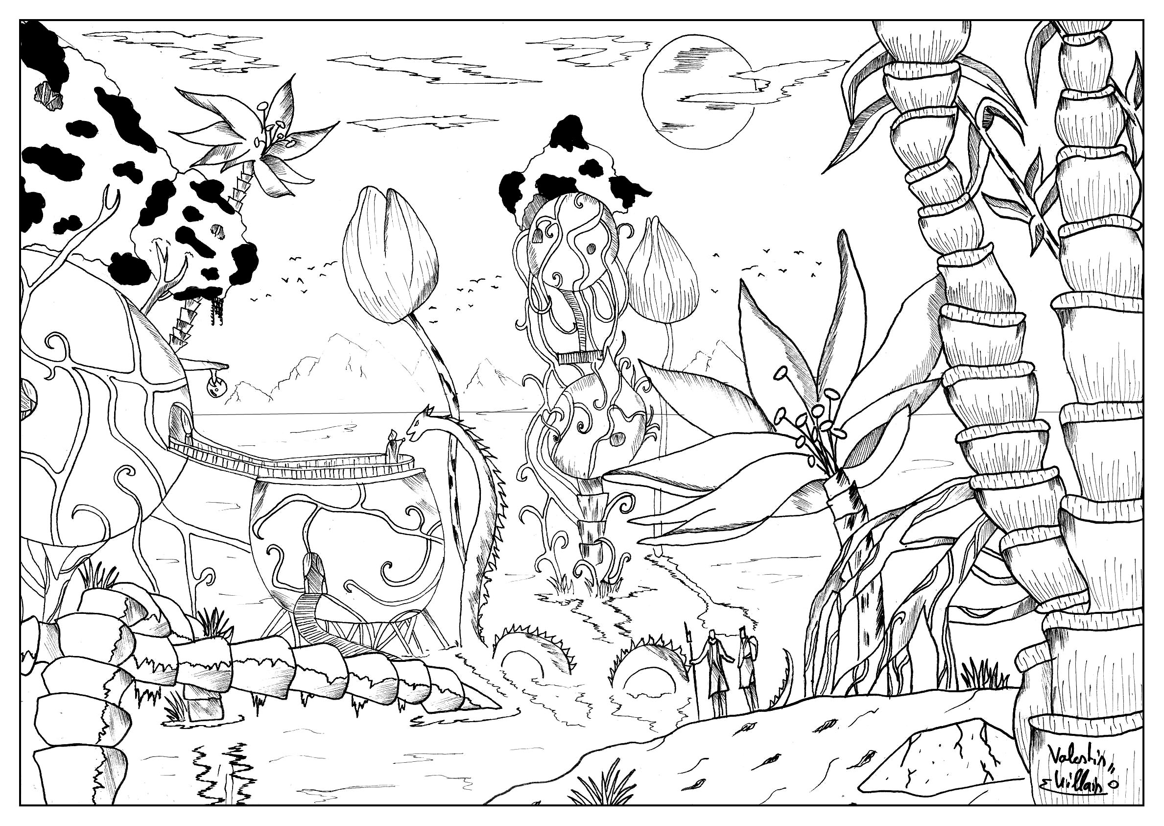 Coloring page of an imaginary aquatic village, with a strange creature and a mysterious character, Artist : Valentin