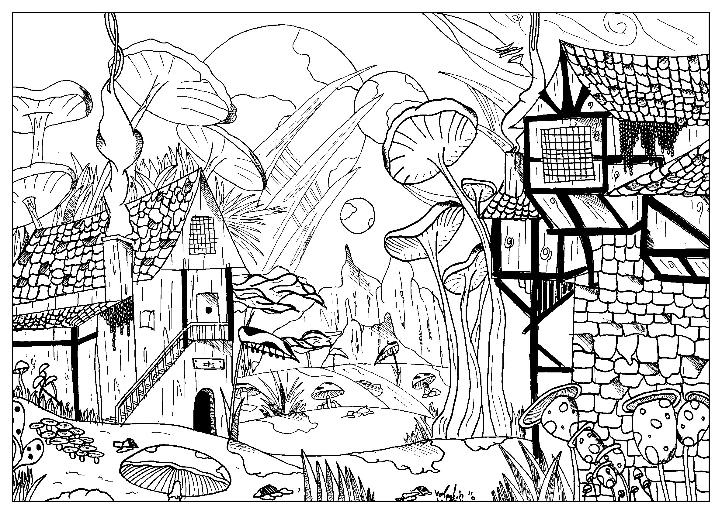 Coloring a small enchanted village. Here is a charming rural landscape, with houses surrounded by strange plant elements and giant mushrooms.Let your imagination run away .., Artist : Valentin
