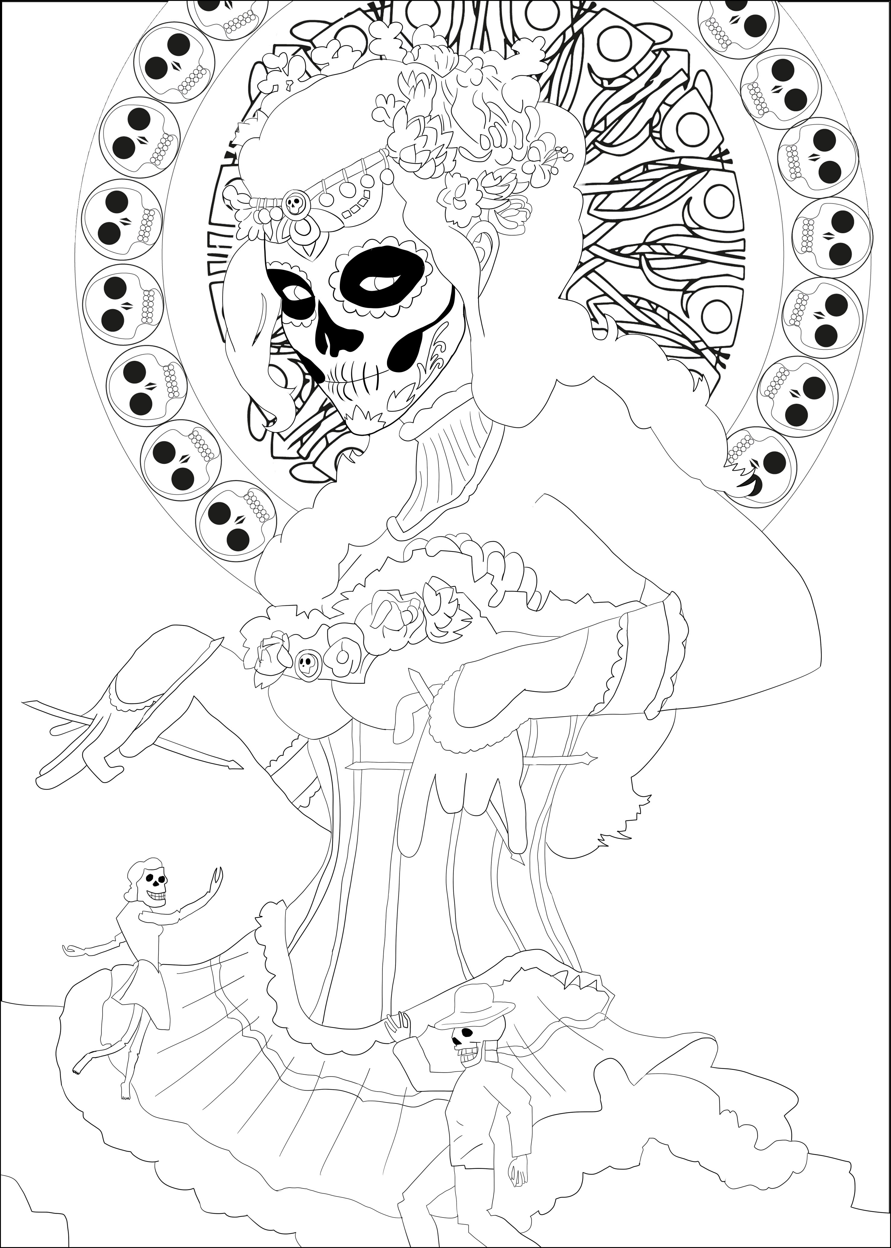 Coloring page inspired by the Mexican celebration 'Día de los Muertos'
