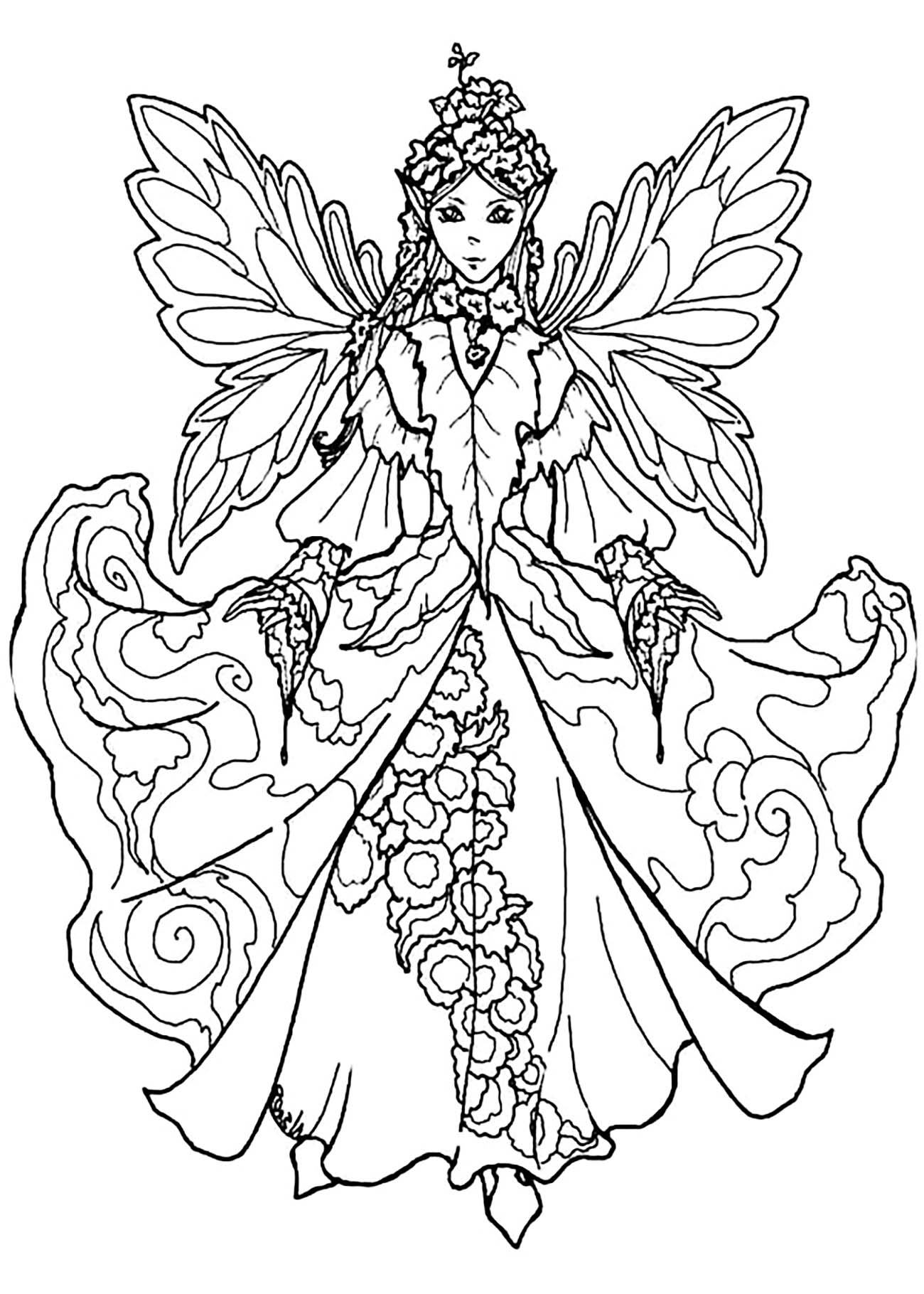 Fairy with impressive dress - Myths & legends Adult Coloring Pages