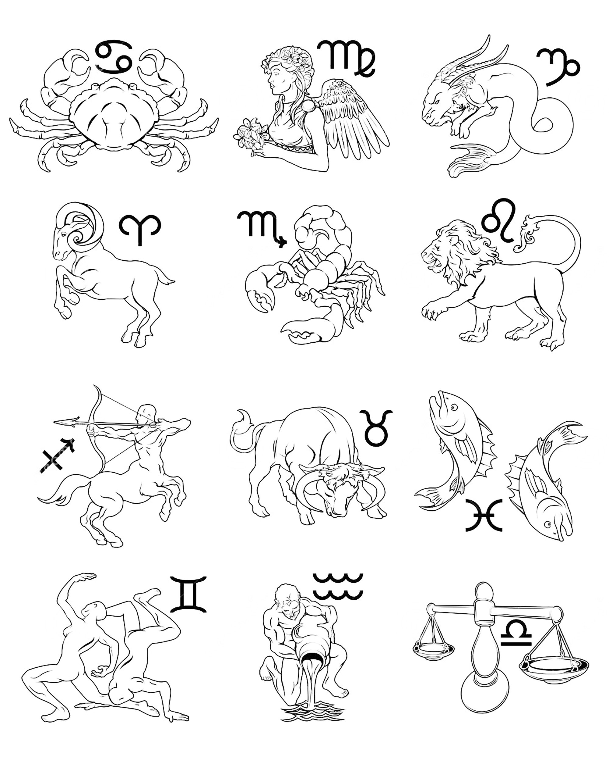 The 12 Zodiac Signs. Perfect to color if you like Astrology