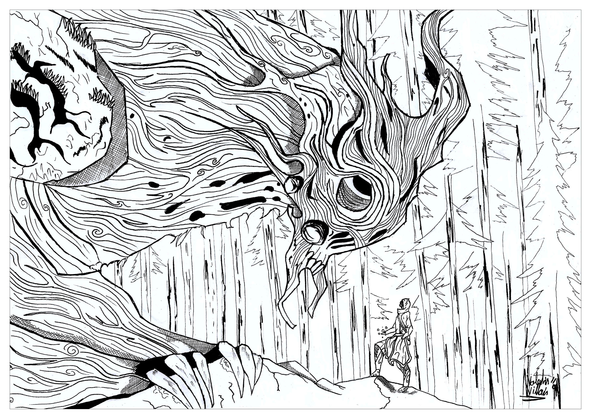 Coloring page of the Spirit of The Forest talking to a Mage, Artist : Valentin