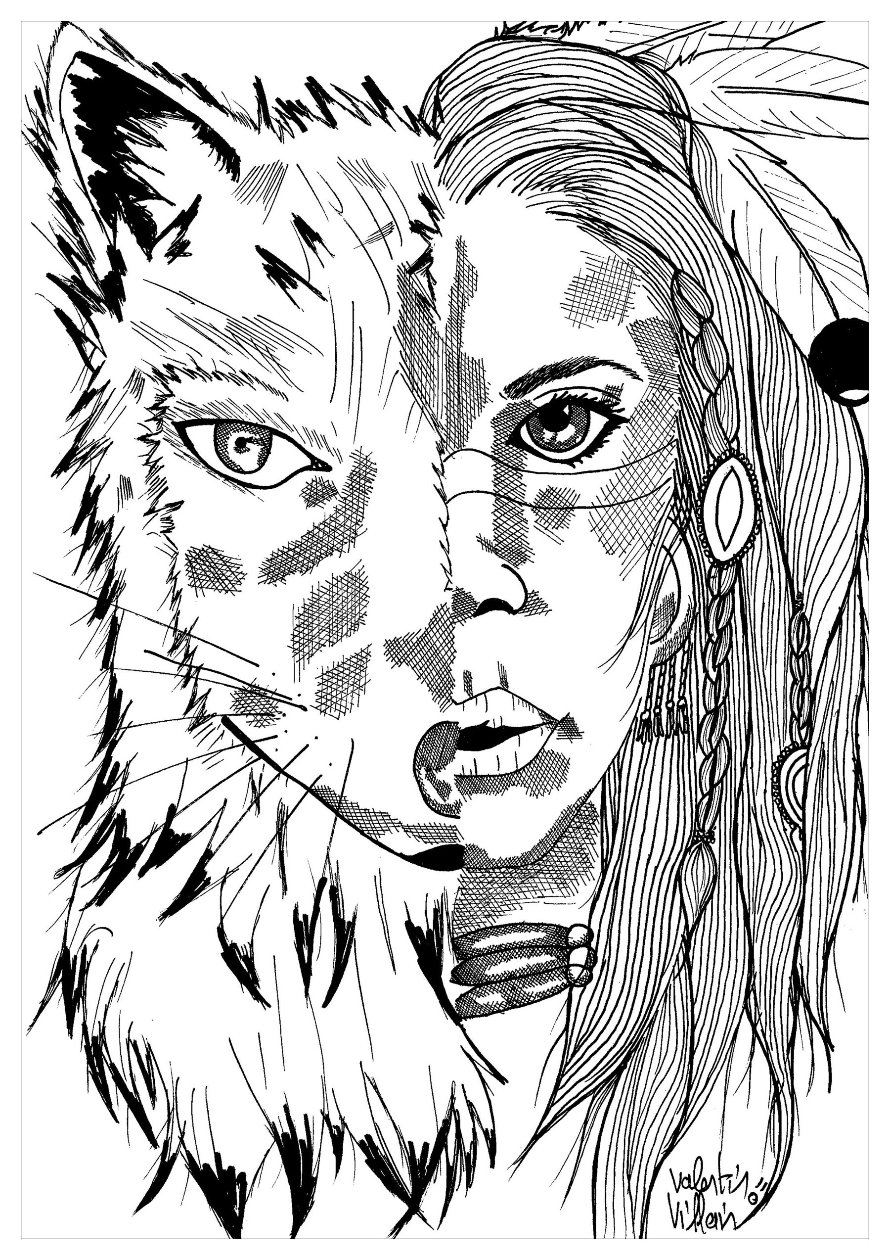 Indian Wolf Native American Adult Coloring Pages