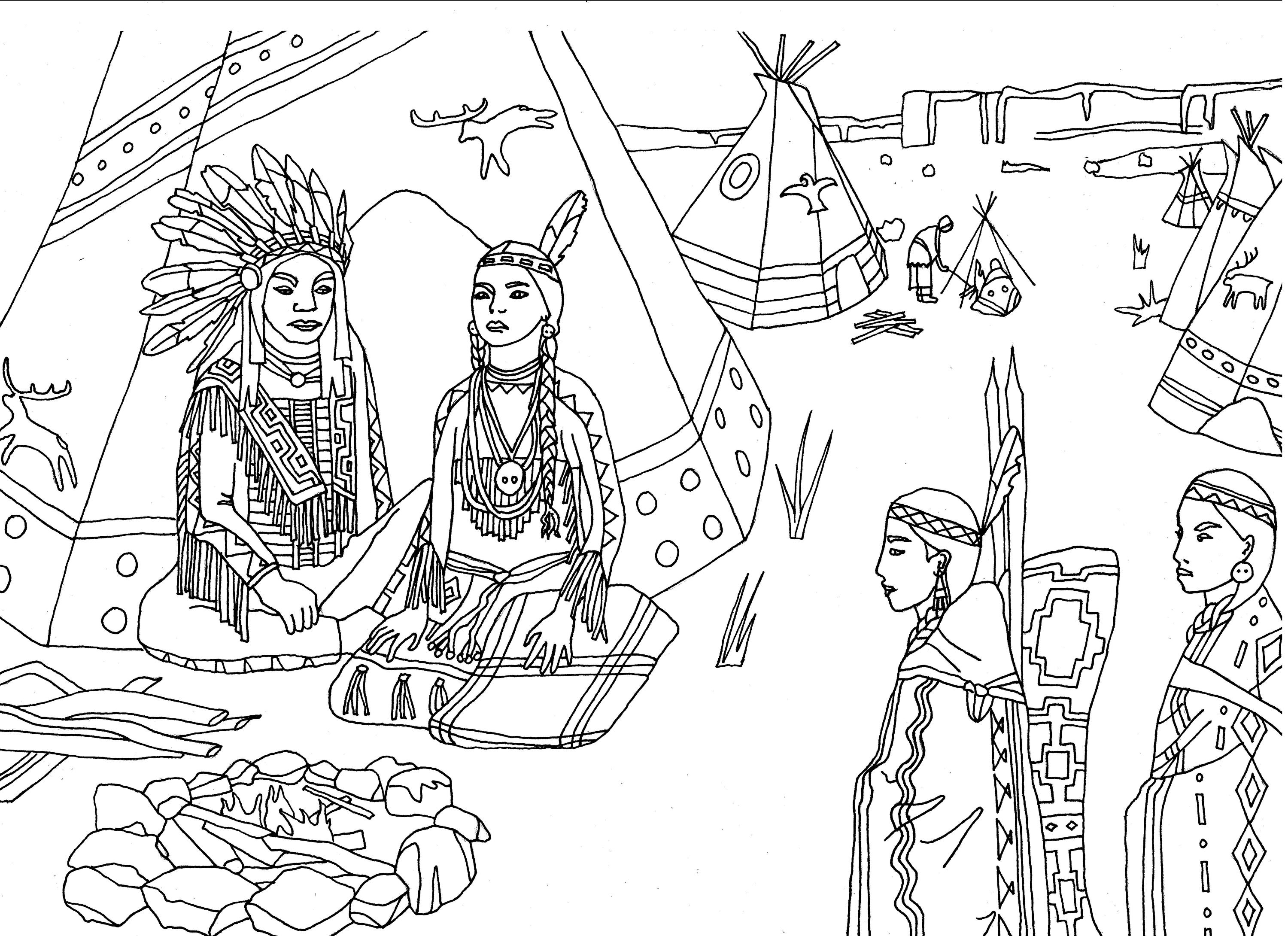 Native Americans (Indians) sat in front of a tepee, Artist : Marion C