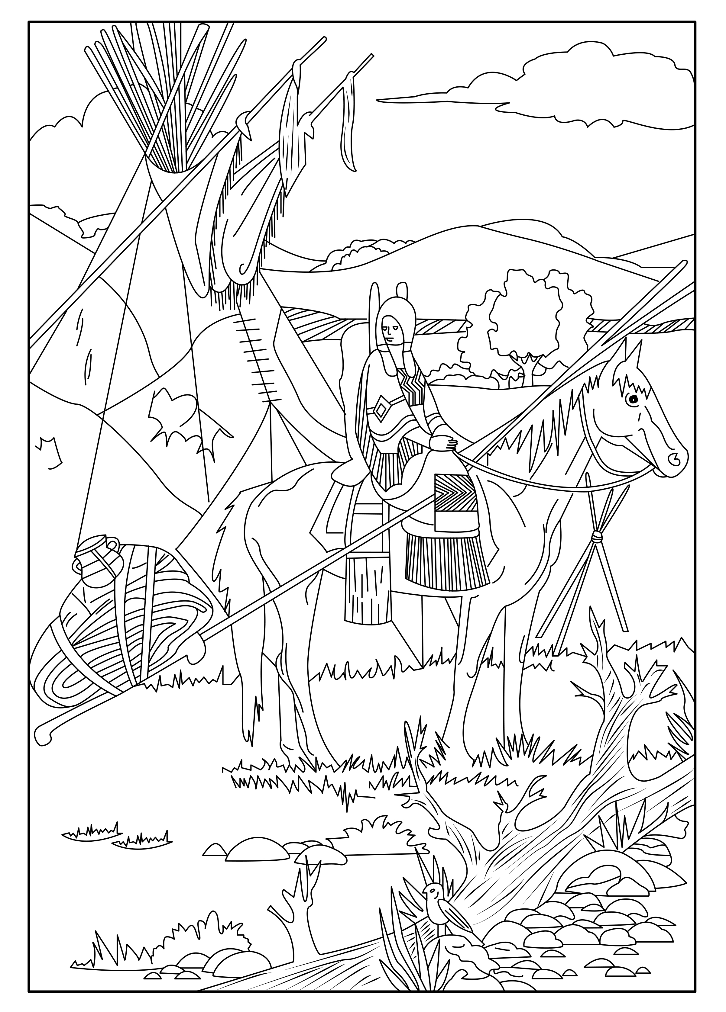This coloring page show a Native American on his horse, Artist : Celine