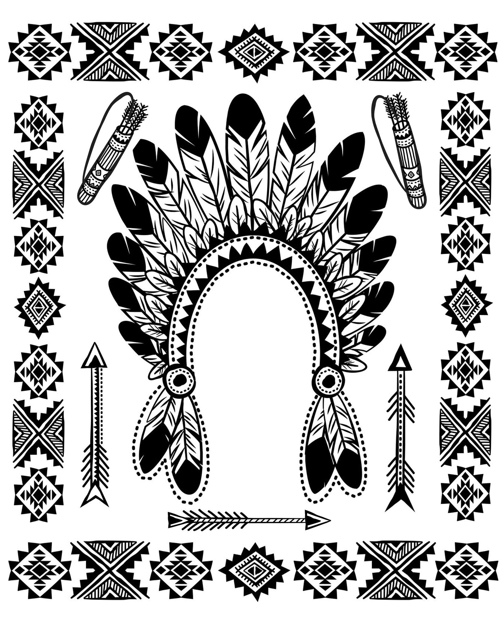 Coloring page with Native American Indian Chief Headdress and other traditional objects