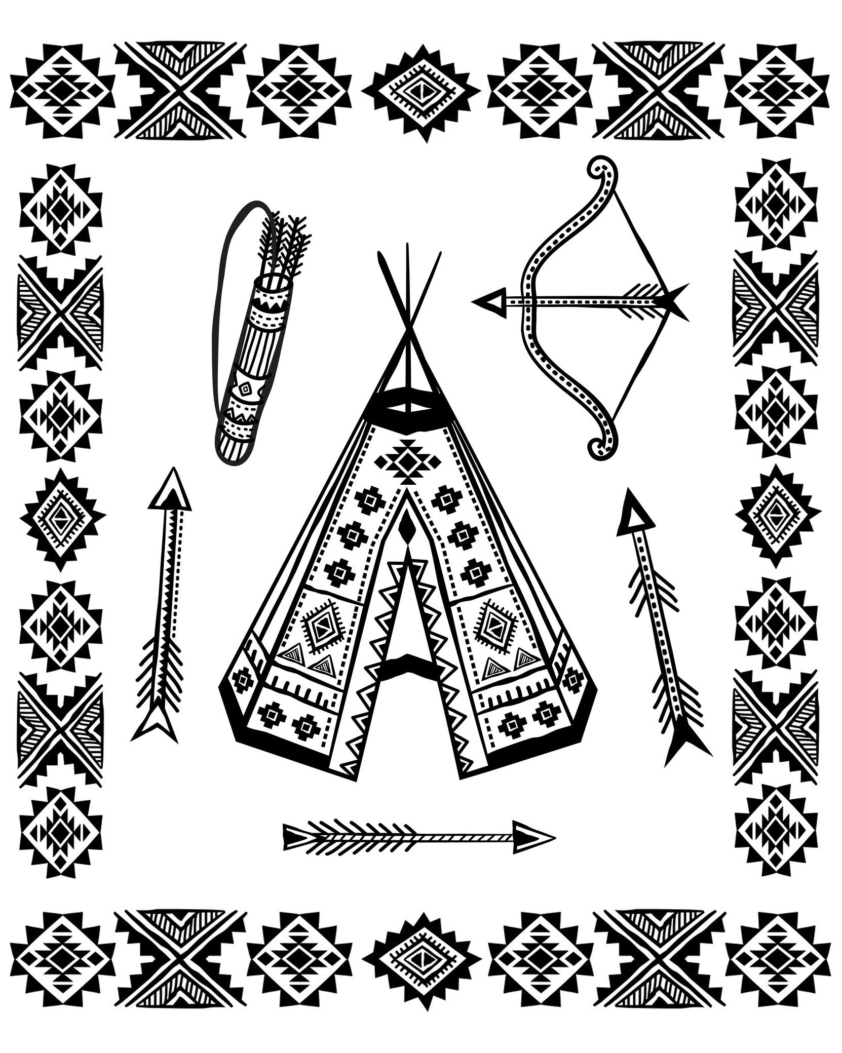 Coloring page with a Tipi and other symbols