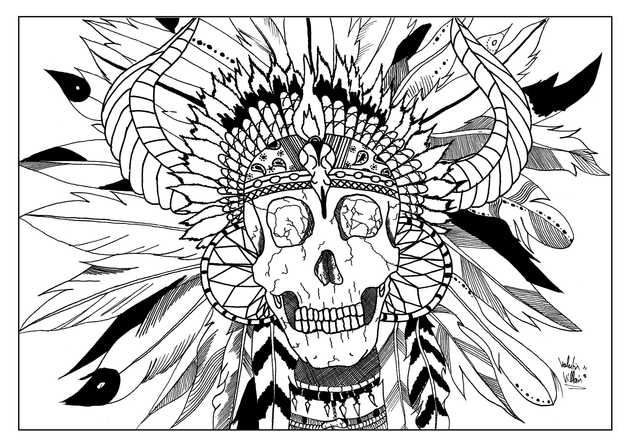 Coloring page of a Native American skull with a headdress waiting to be colored, Artist : Valentin