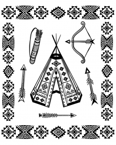 Coloring page native american tipi and symbols
