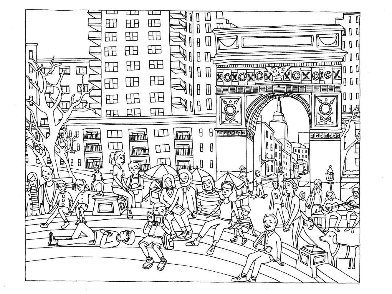 Drawing full a characters of the Washington square, in New York