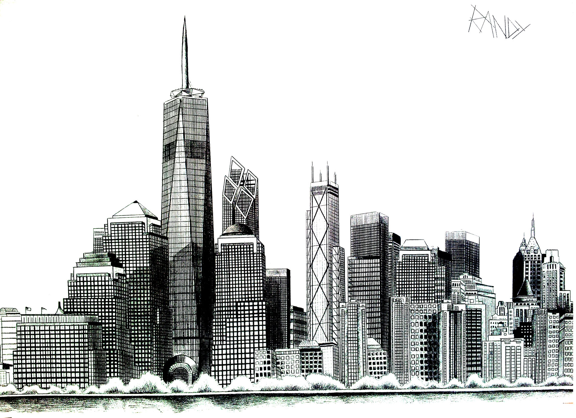 Drawing of the tip of Manhattan with Liberty Tower, New Tower built at the World Trade Center : A coloring page full of emotions