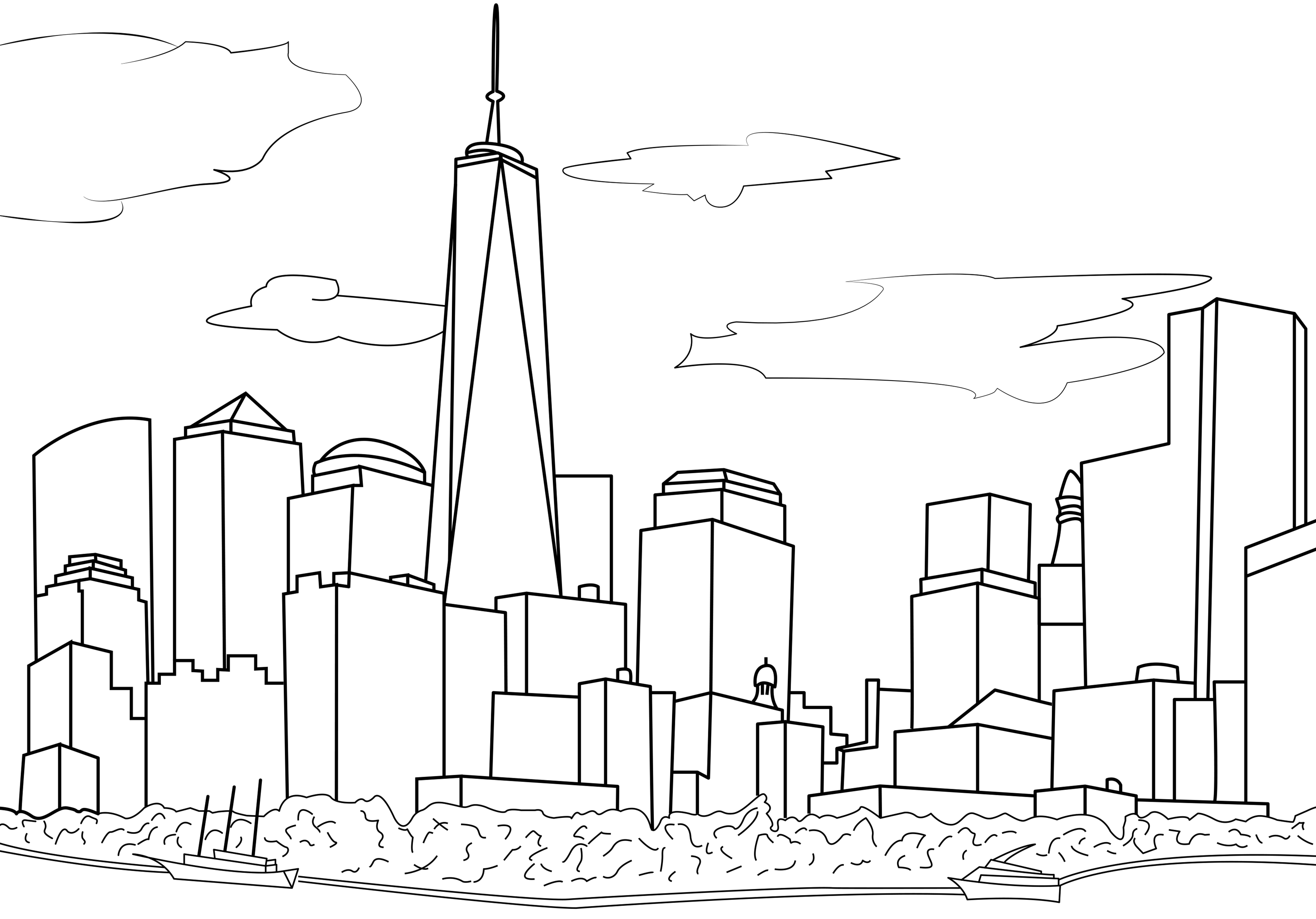 Simple drawing representing the New York skyline. The New York City skyline is iconic and recognizable around the world. It features many famous skyscrapers such as the Empire State Building, the Chrysler Building, and the One World Trade Center. In this drawing, we can only see the One World Trade Center other buildings are fictional.