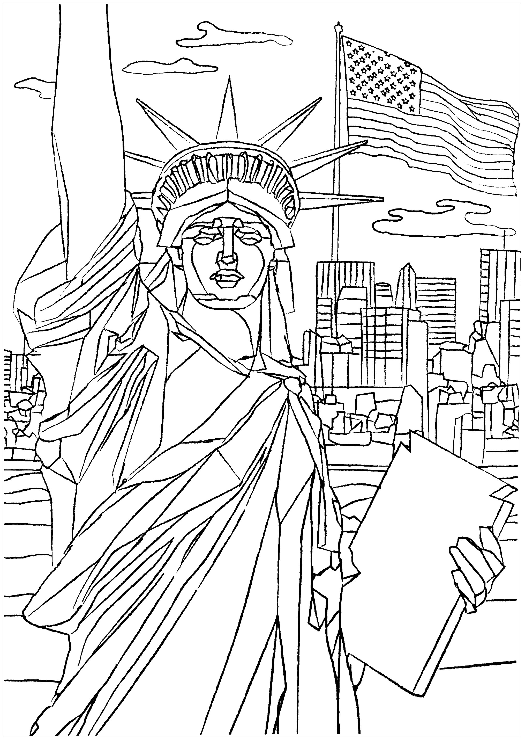 'The Statue of Liberty Enlightening the World' was a gift of friendship from the people of France to the United States. Color 'Miss Liberty' and the skyscrapers of the tip of Manhattan