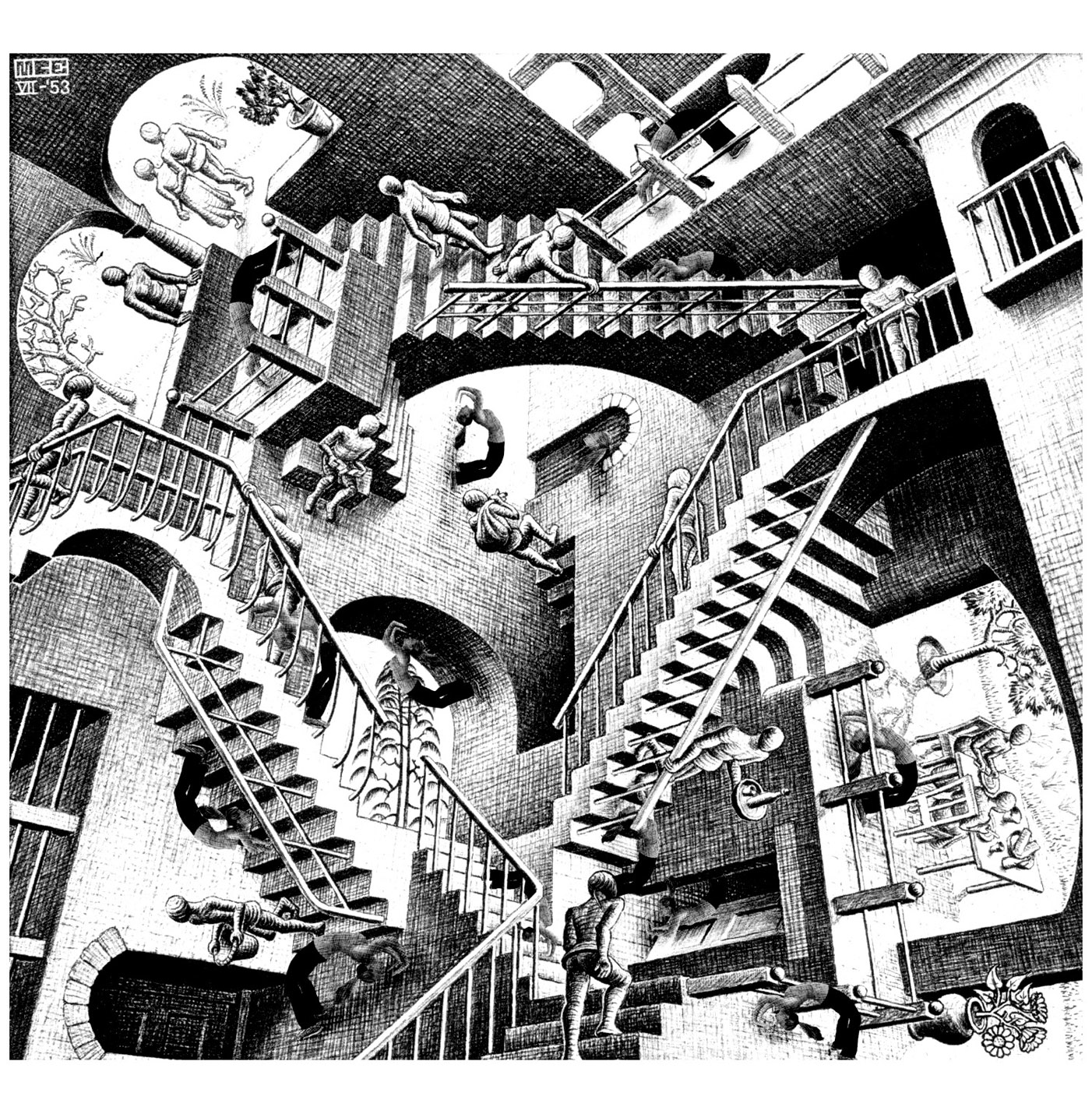 The famous drawing 'Relativity' by Mc Escher ... Where is the beginning? The end ?
