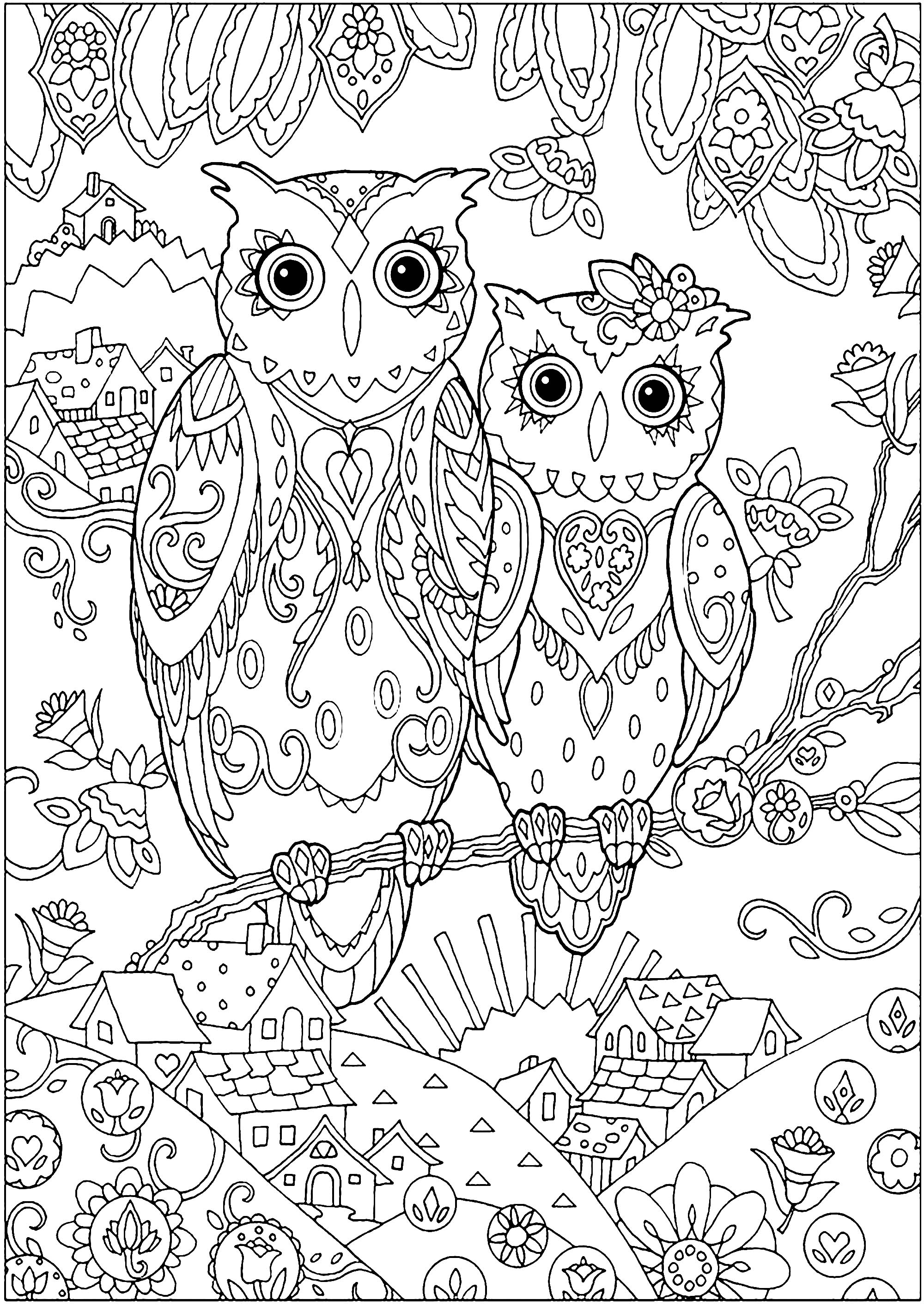 Two cute owls, with a beautiful village in background and some flowers, Artist : Art. Isabelle