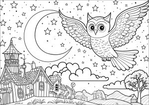 Coloring owl and village with stars and moon isa