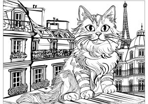 Printable Eiffel Tower Coloring Page for adults : Cat on the roofs of Paris