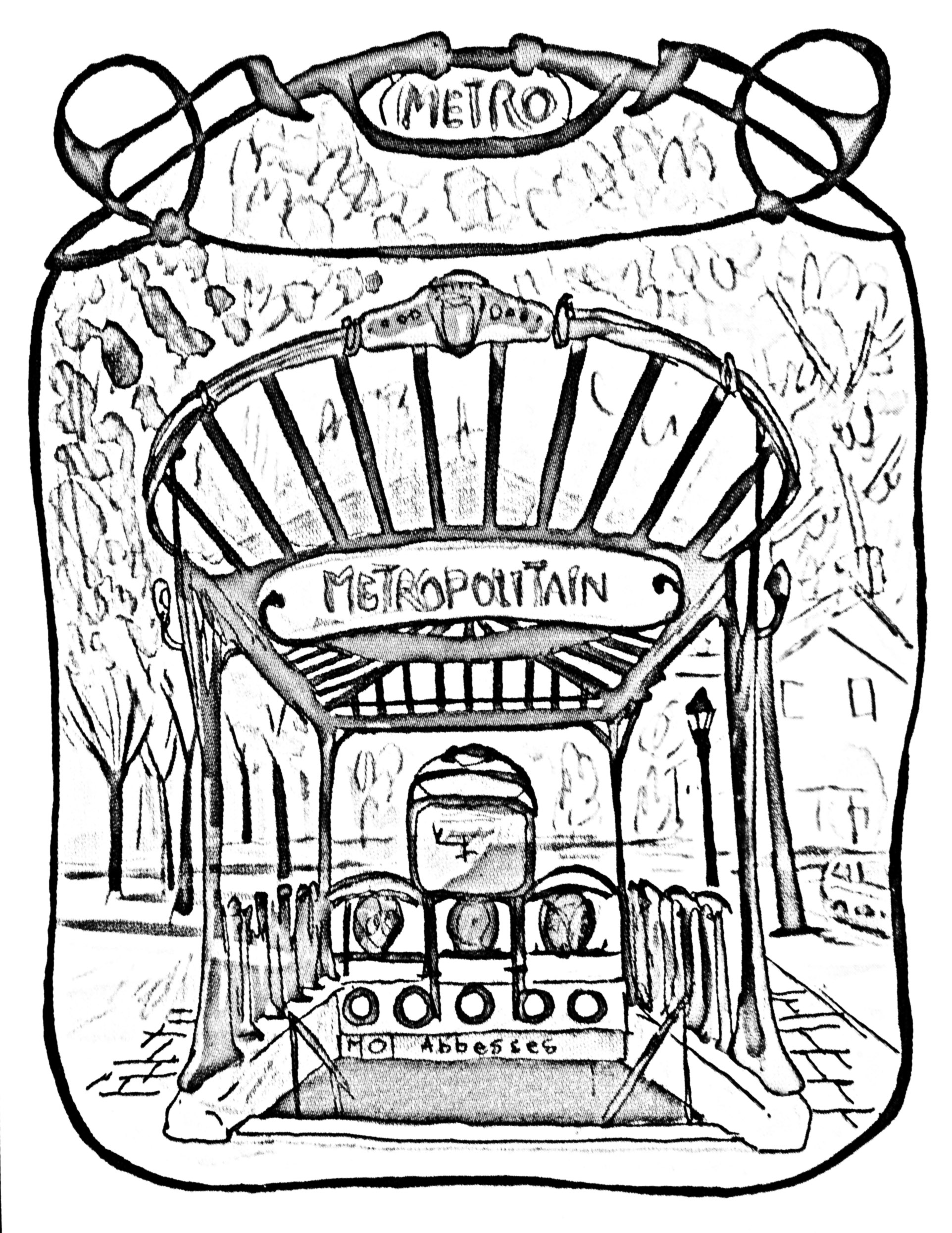 Drawing to color of an entrance gate to Paris Subway ('Metropolitain')