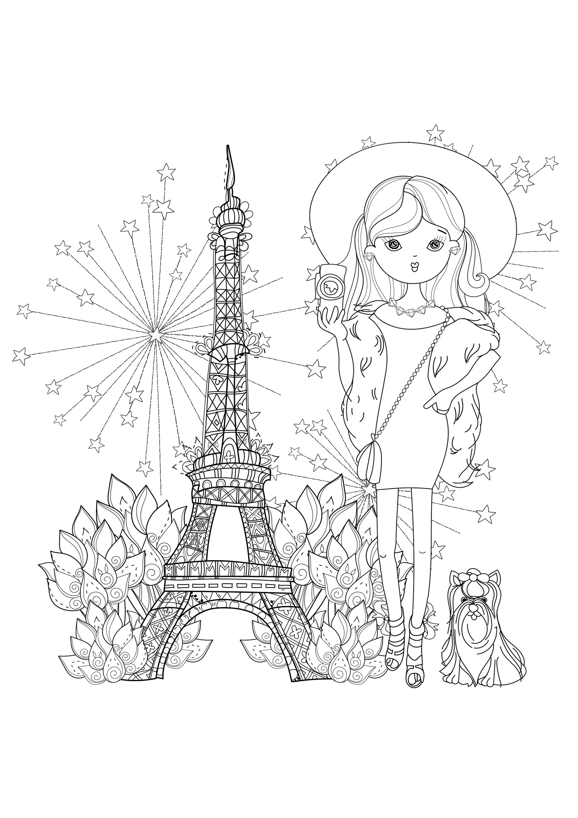 Young traveler with her little dog, and Eiffel Tower. Built in 1889 for the Exposition Universelle, the Eiffel Tower (Tour Eiffel) has become the main symbol of Paris, and even of France, Source : 123rf   Artist : Yazzik