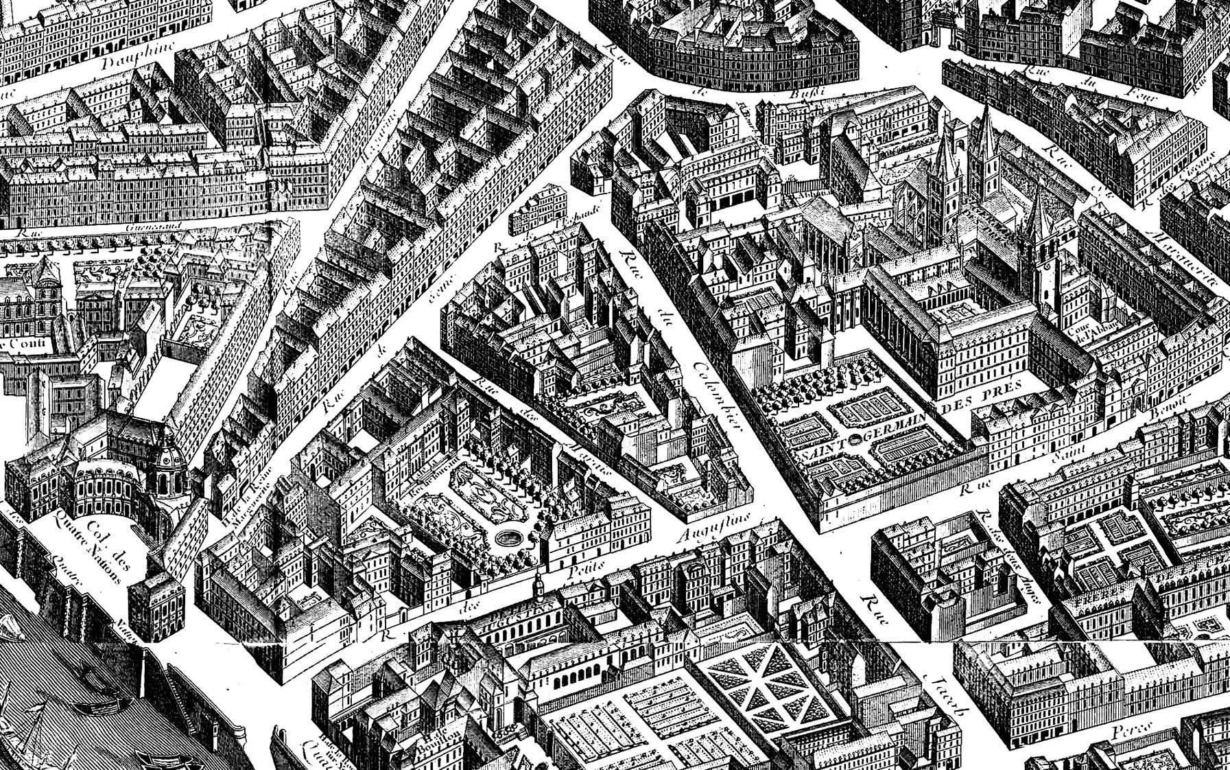 Free coloring page coloring-map-paris-neighborhood-1739. Difficult coloring page for adult made from a map of a Paris neighborhood, dating from 1739. Many details to color one by one