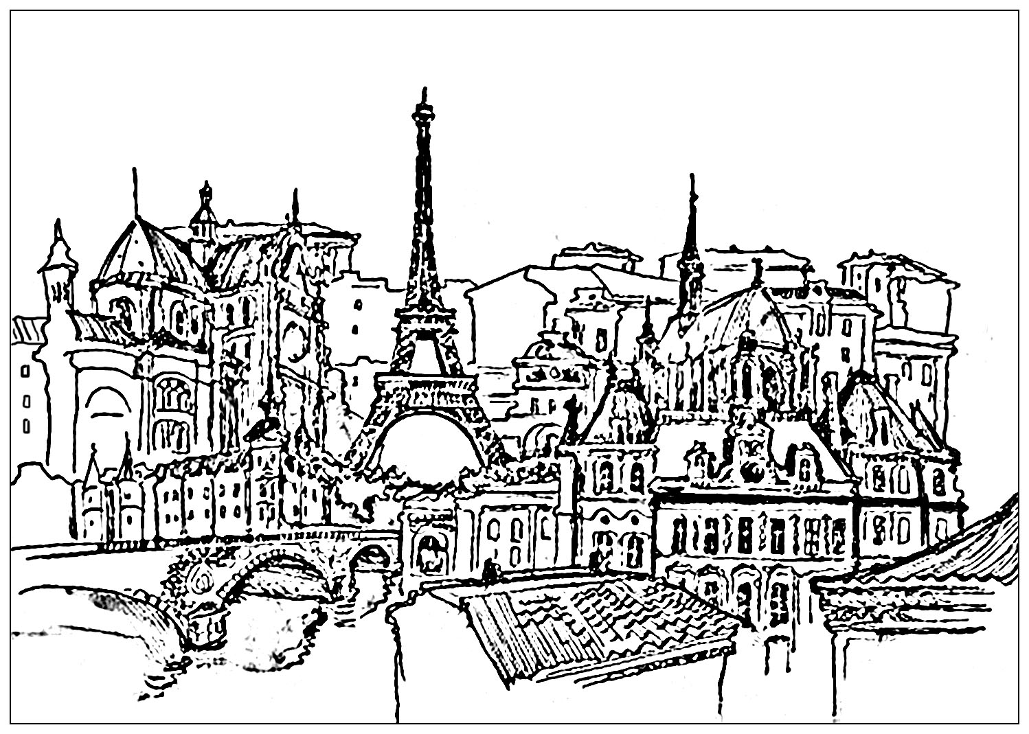 A very complex coloring page of Paris
