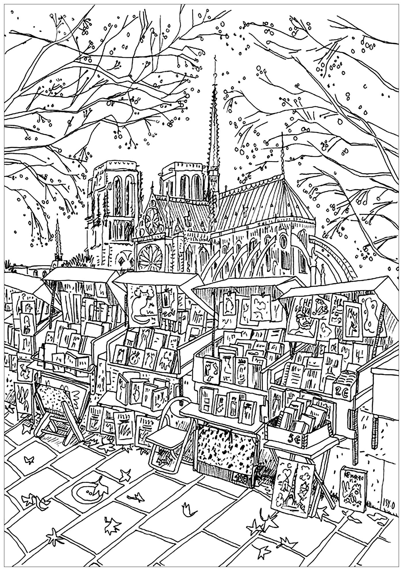Notre Dame de Paris drawing, with little bookstore in foreground