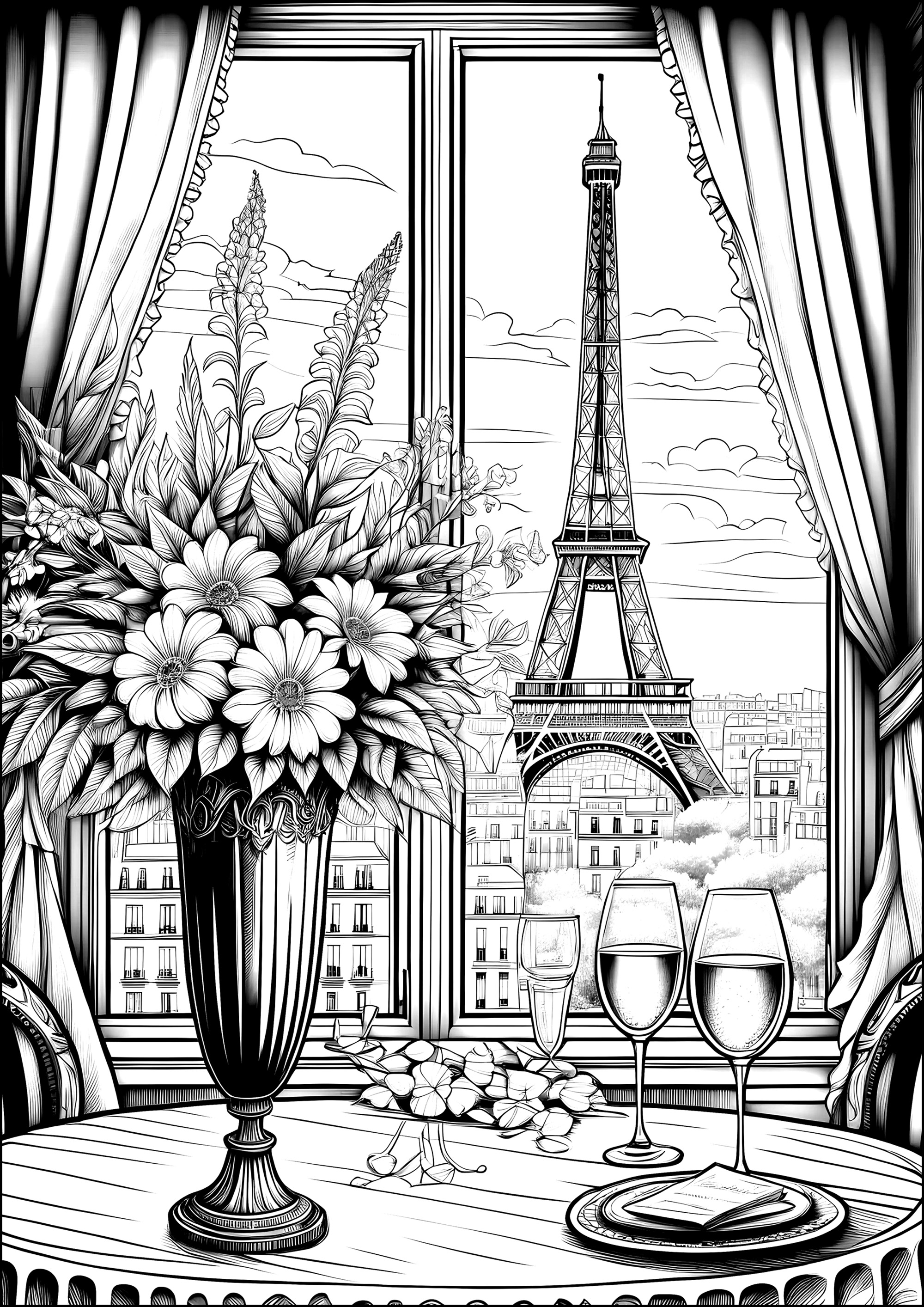 Window on Paris: Champagne and the Eiffel Tower. Clink glasses of champagne in front of a window overlooking the Eiffel Tower