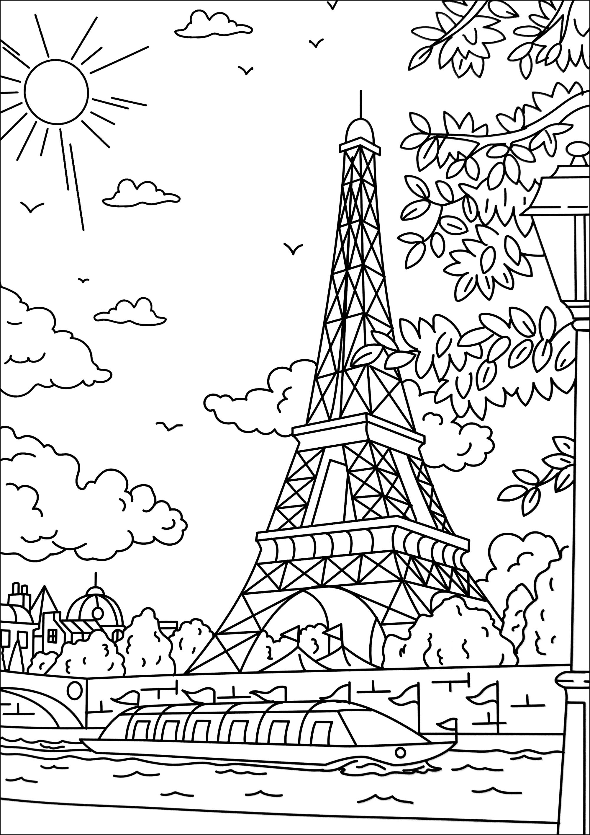 The Eiffel Tower on the banks of the Seine - Paris Coloring Pages for ...