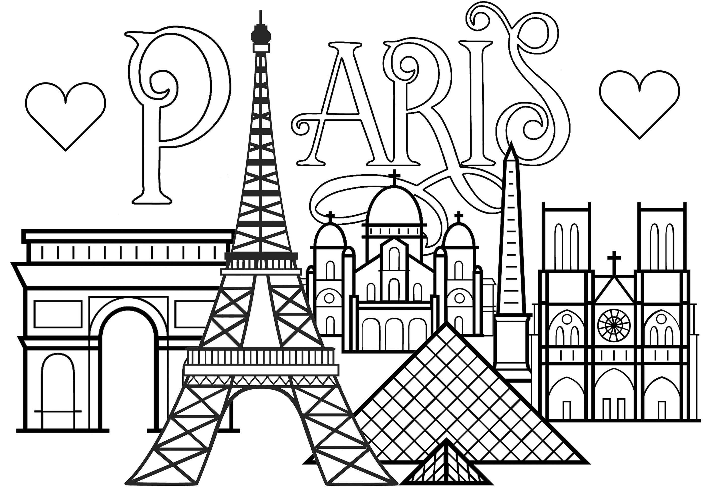 Text 'Paris' with hearts, and monuments of Paris: Eiffel Tower, Arc de Triomphe, Notre-Dame Cathedral, Louvre Pyramid and Basilica of the Sacred Heart, Artist : Art. Isabelle