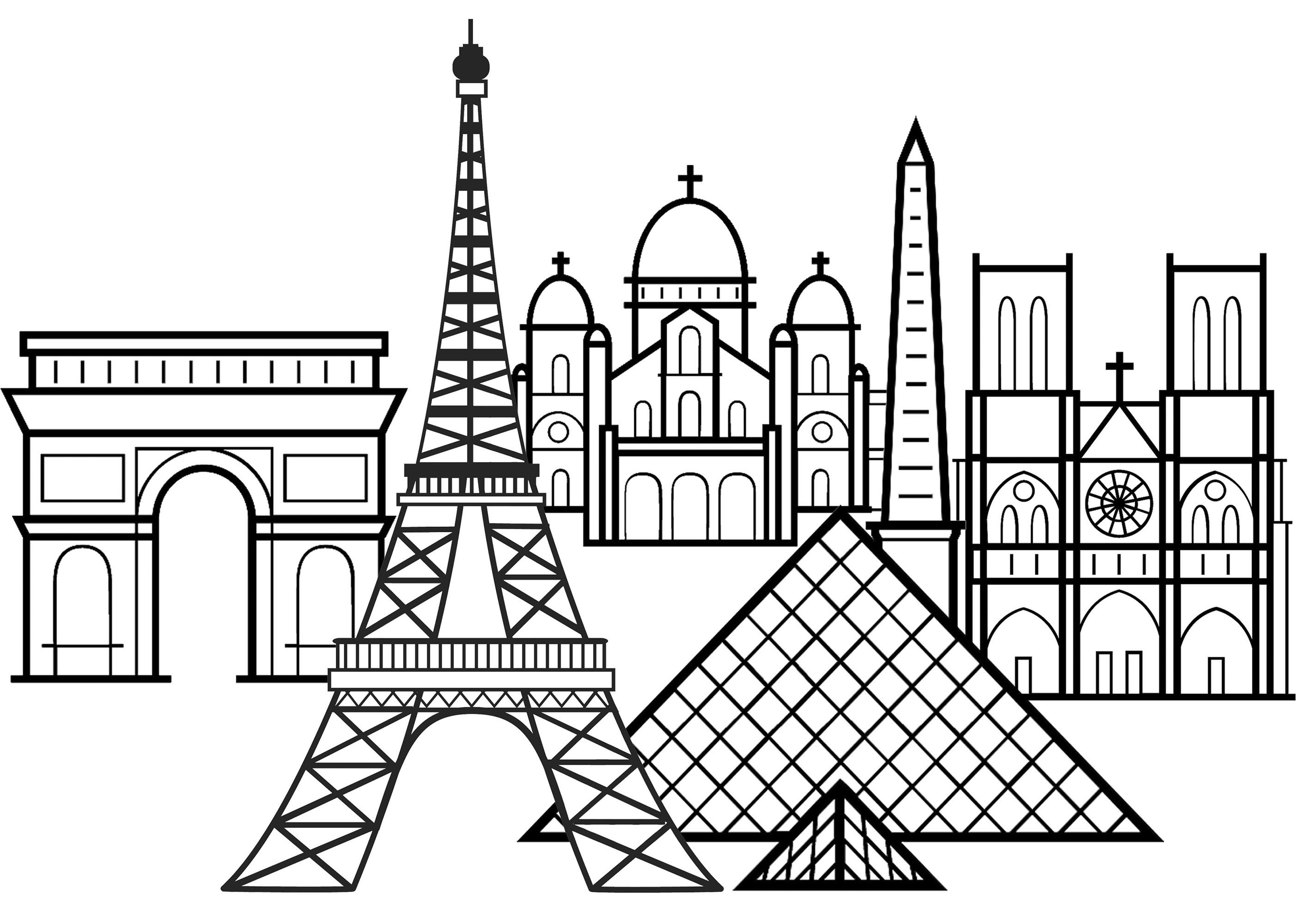 Famous monuments of Paris: Eiffel Tower, Arc de Triomphe, Notre-Dame Cathedral, Louvre Pyramid and Basilica of the Sacred Heart, Artist : Art. Isabelle