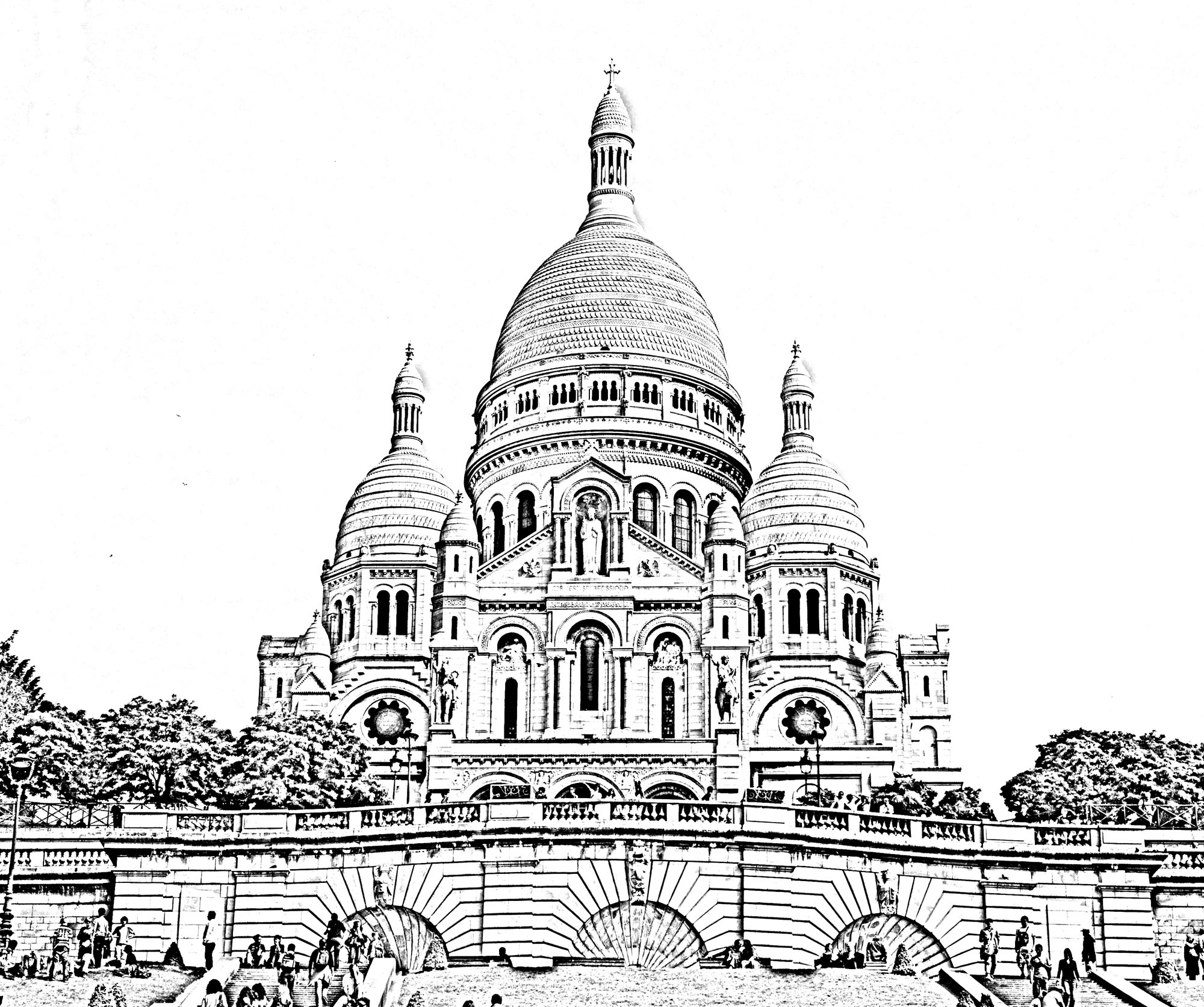 The Basilica of the Sacred Heart in Paris, transformed into a beautiful coloring page